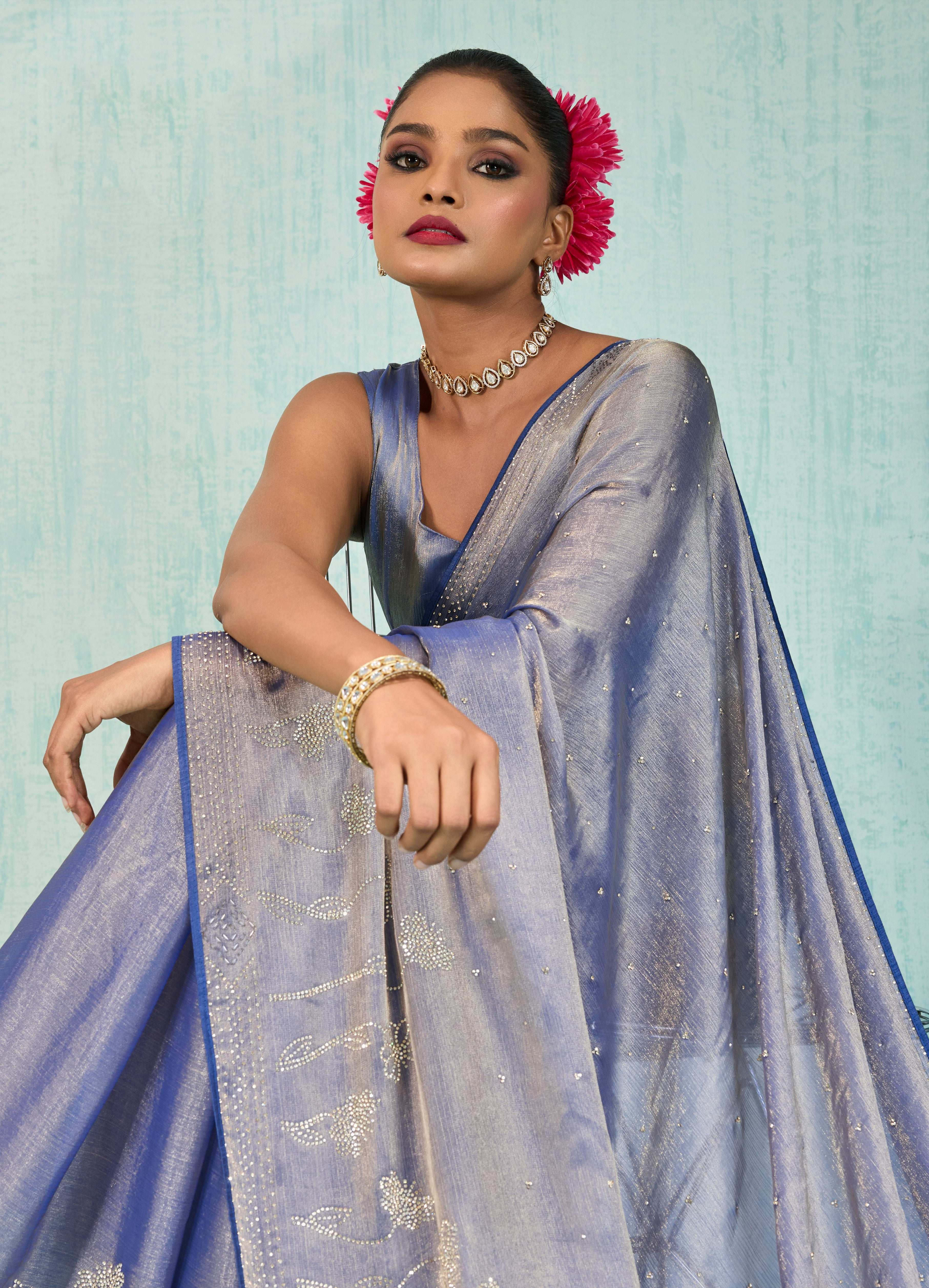 Violet Dual Tone Velvet Chiffon Saree With Zarkan & Cutdana Elaborate Work