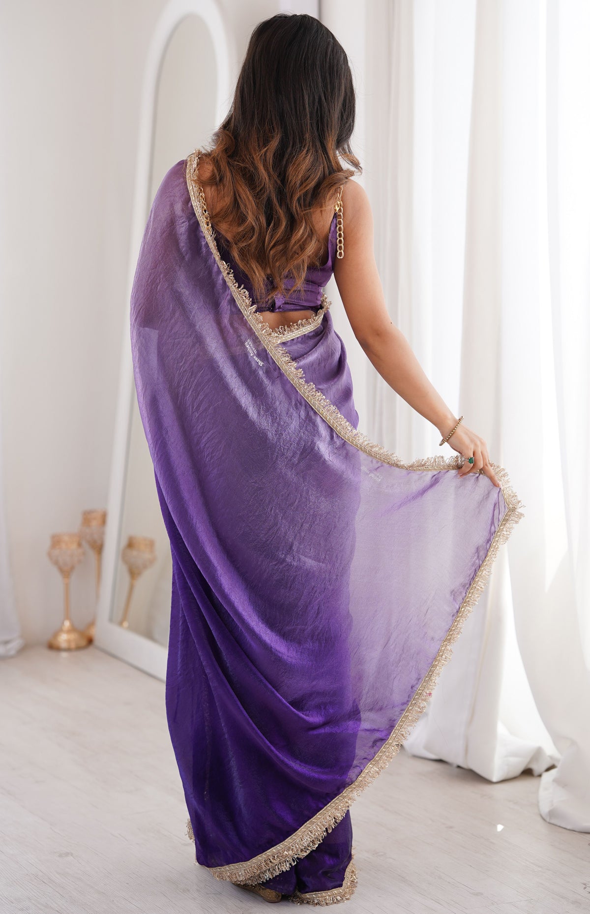 Violet Fendi Satin Saree with Premium Double Shaded Work