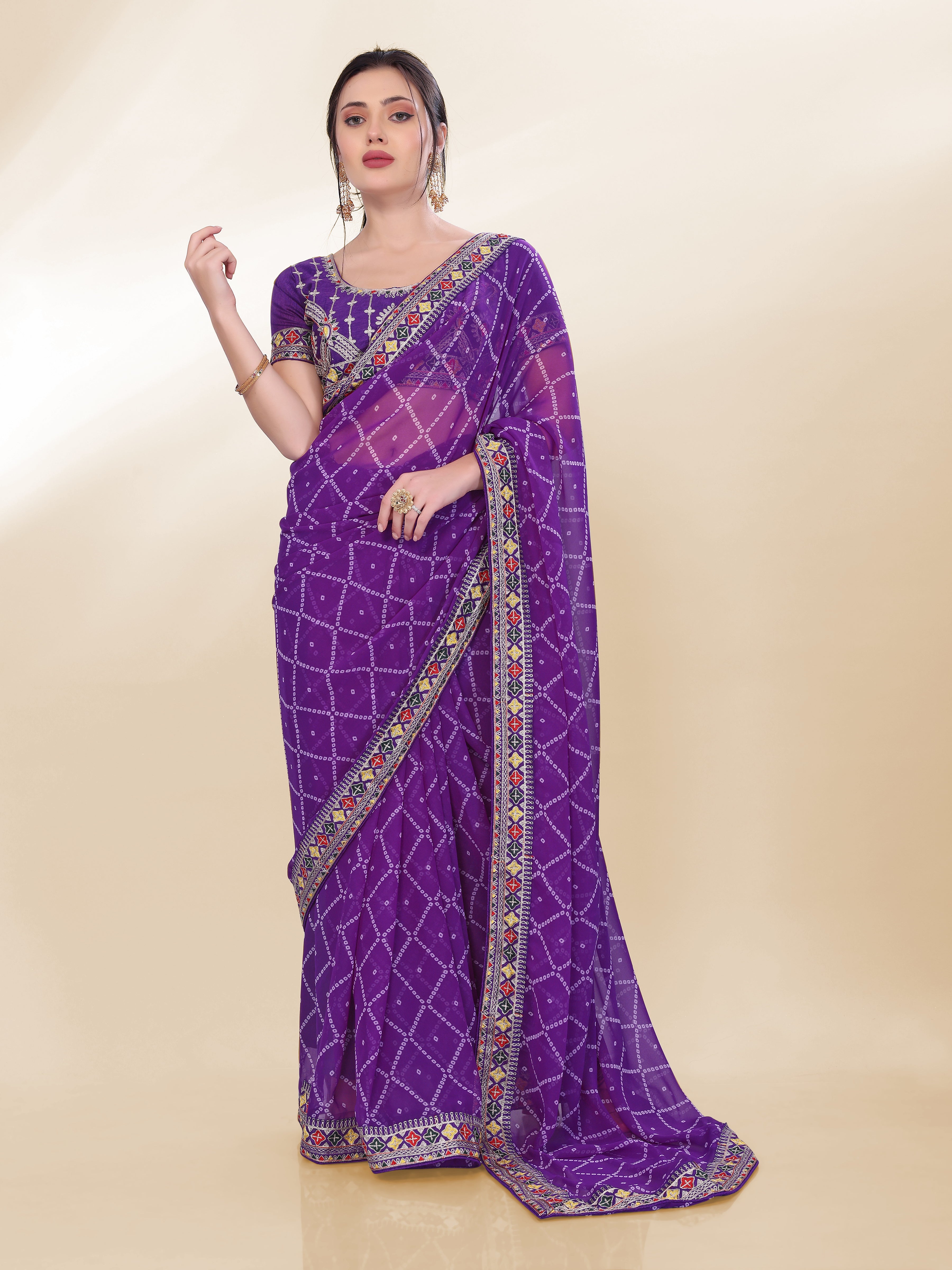 Violet Georgette Bandhej Printed Saree With Graceful Embroidery Work