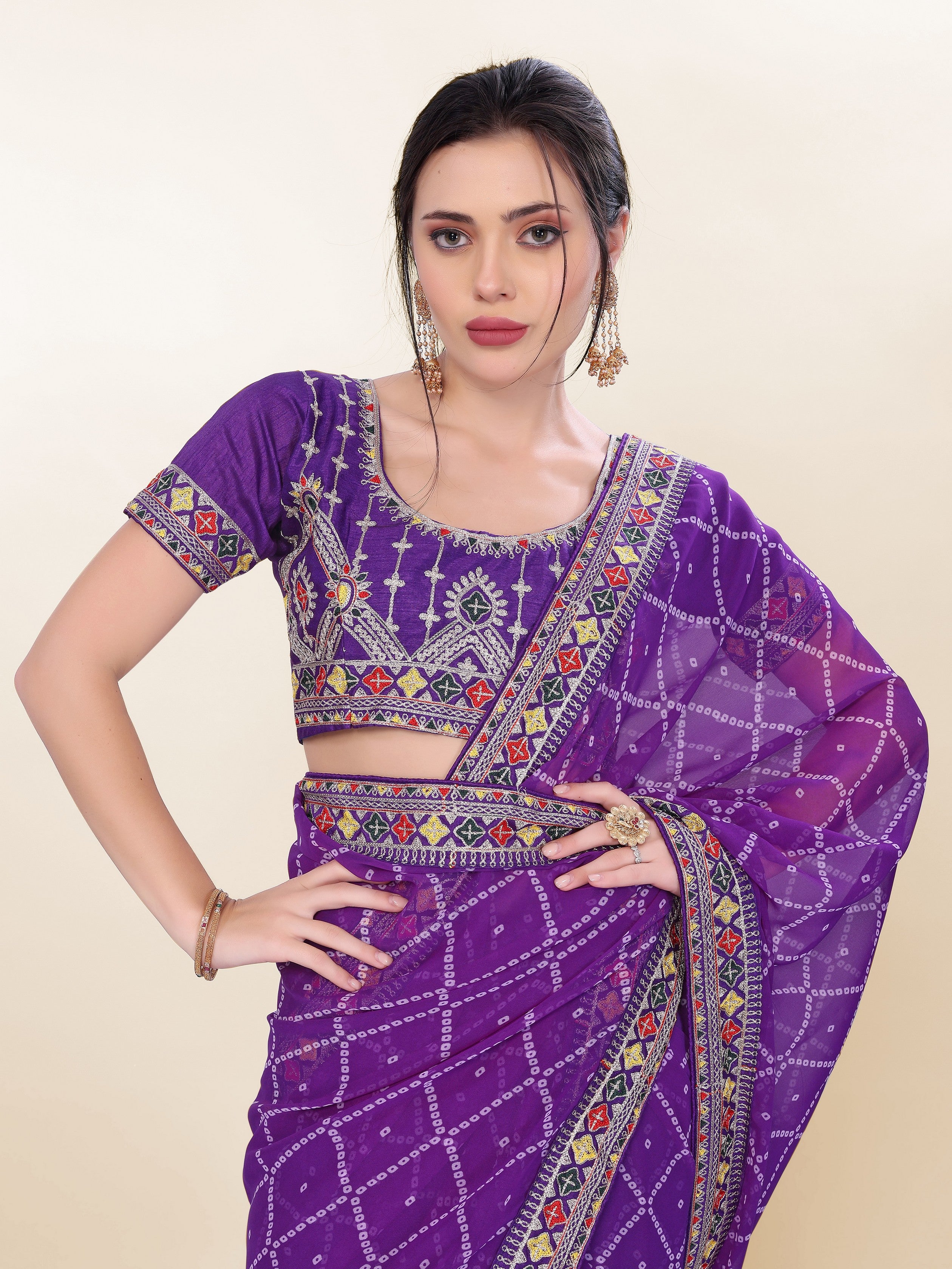 Violet Georgette Bandhej Printed Saree With Graceful Embroidery Work