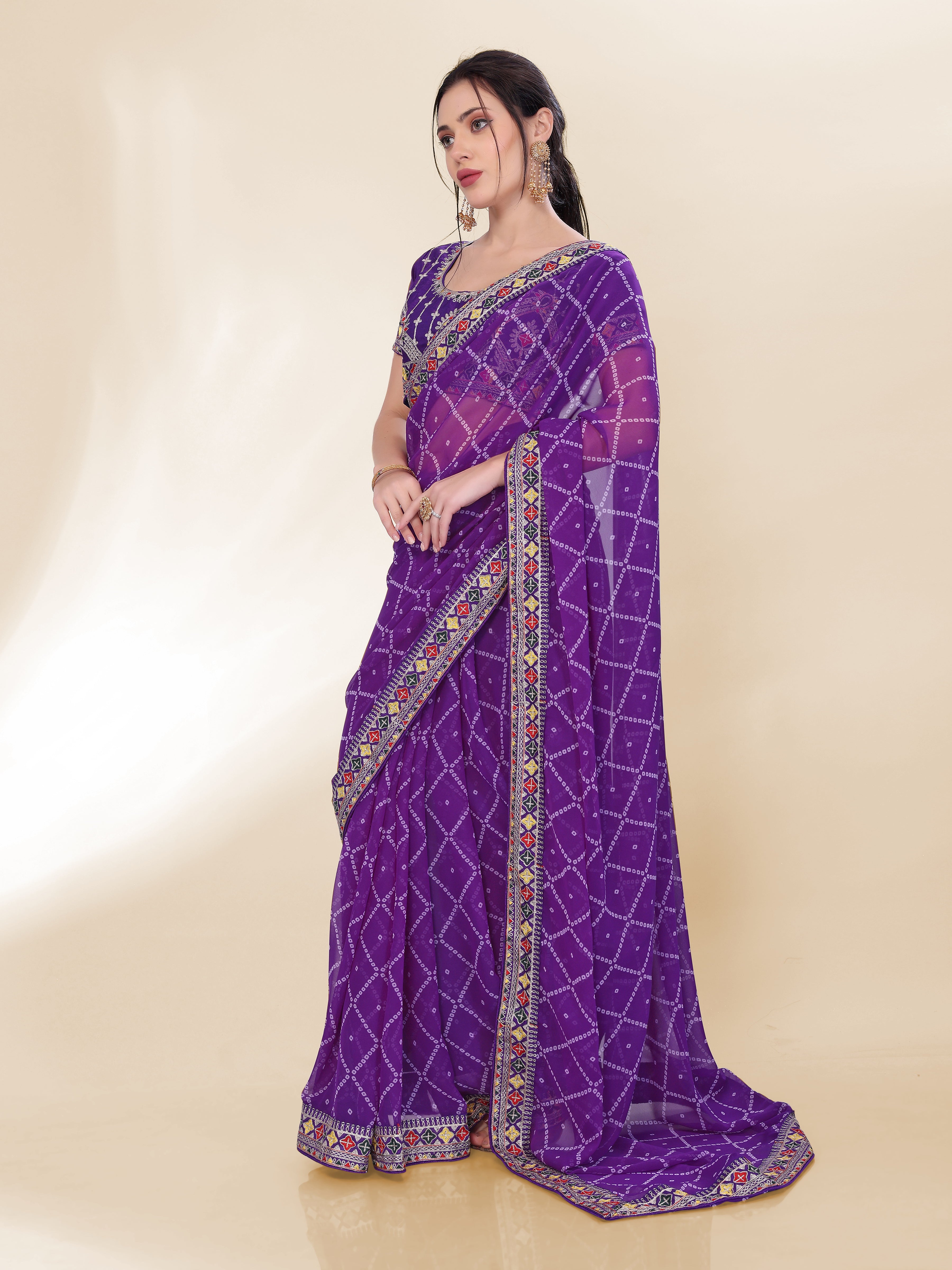 Violet Georgette Bandhej Printed Saree With Graceful Embroidery Work