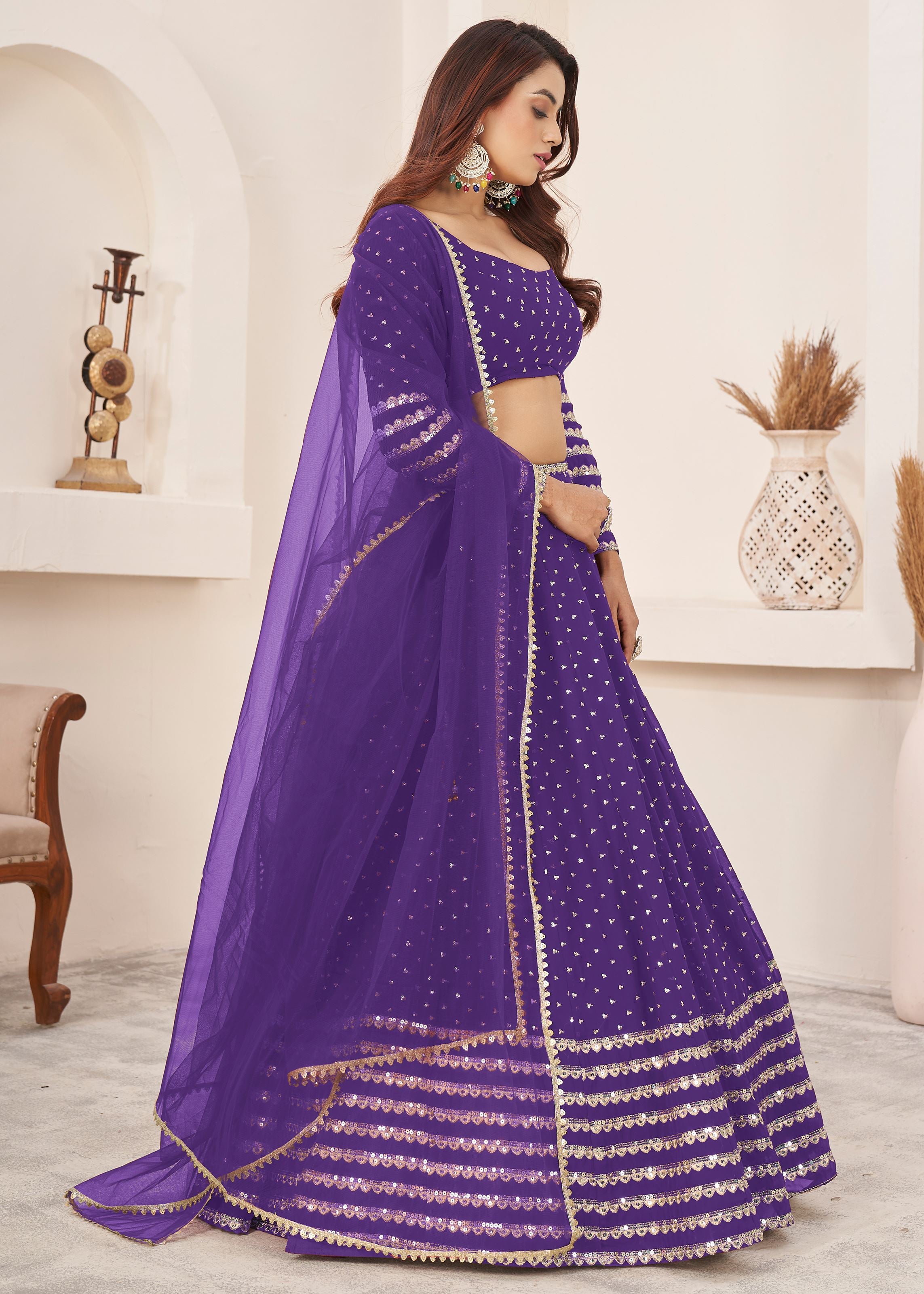 Violet Georgette Lehenga Choli With Sequins Zari Embroidered Work
