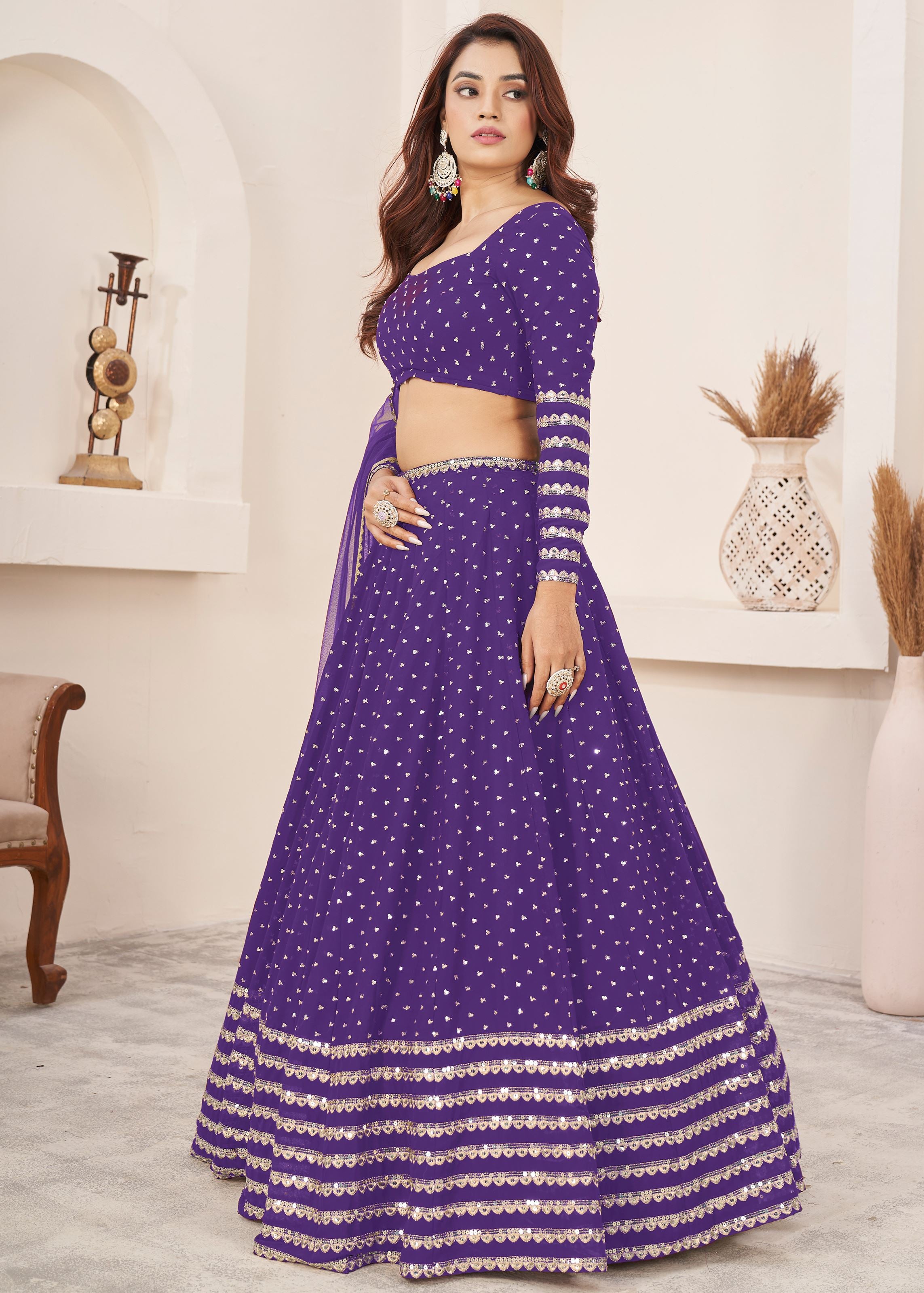 Violet Georgette Lehenga Choli With Sequins Zari Embroidered Work