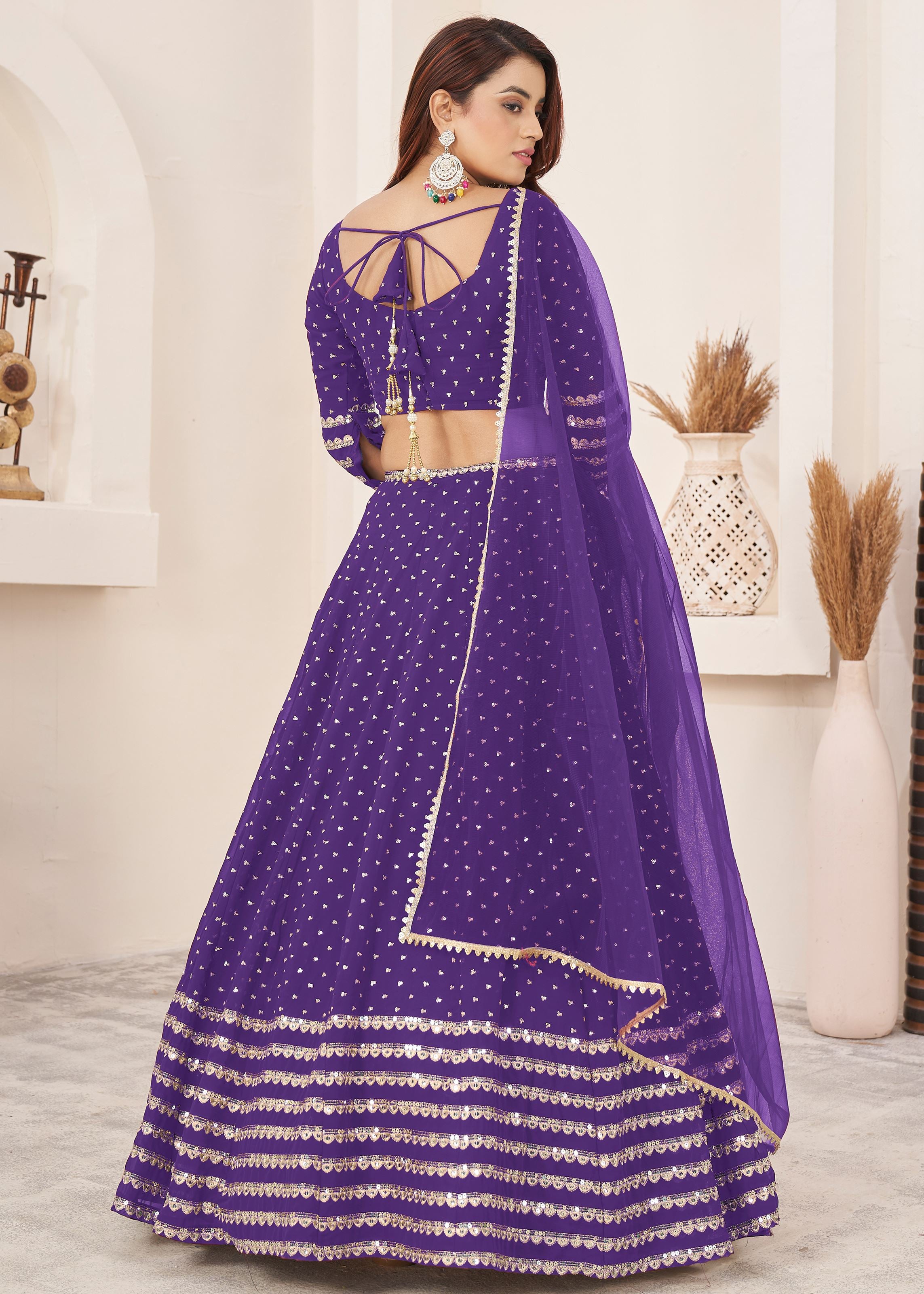 Violet Georgette Lehenga Choli With Sequins Zari Embroidered Work