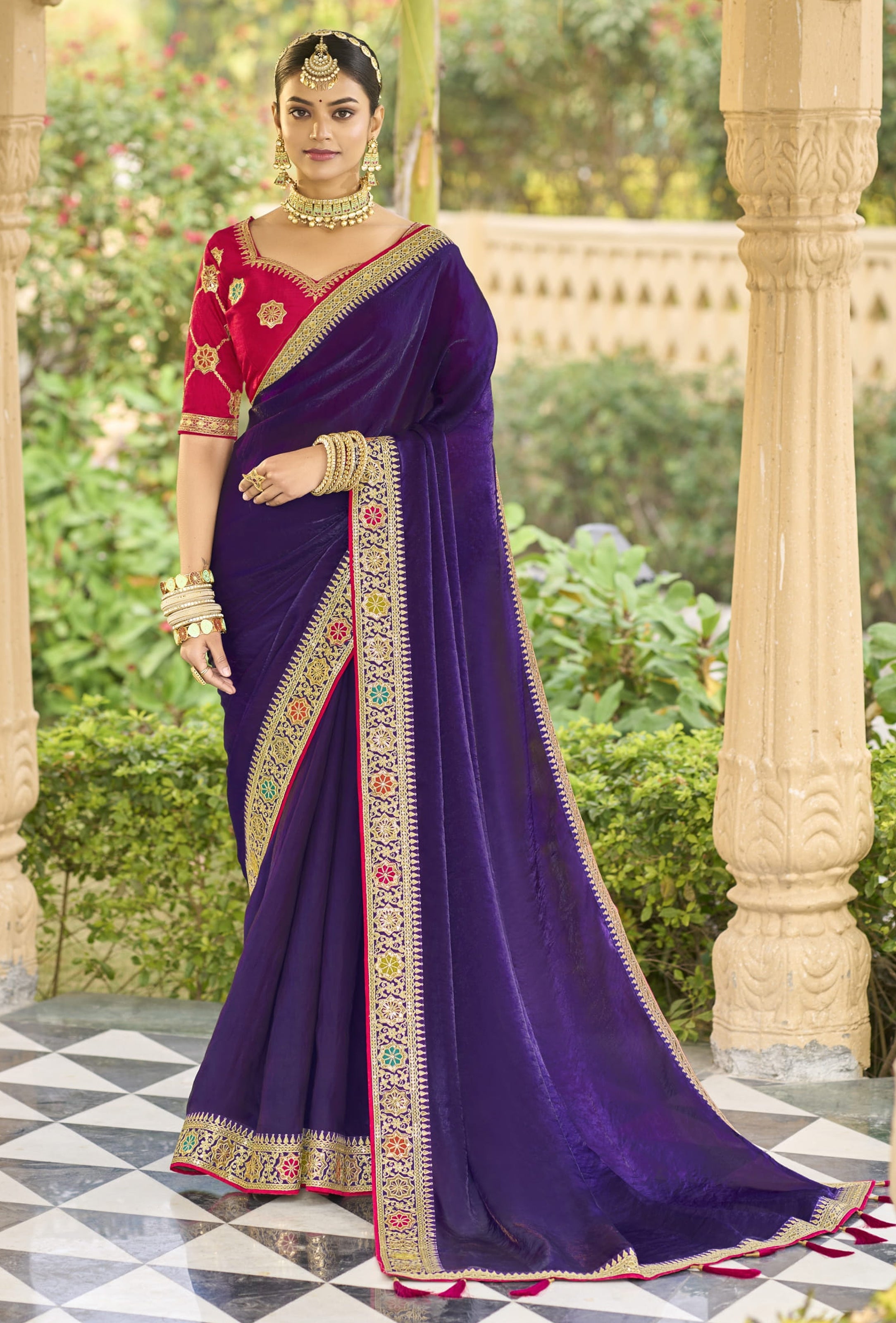 Violet Georgette Plain Saree With Embroidered Lace Border