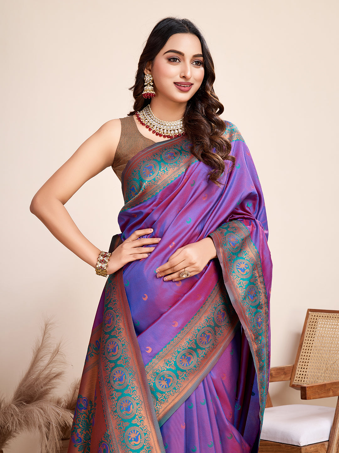 Violet Heavy Woven Designer Jacquard Silk Saree For Traditonal Looks
