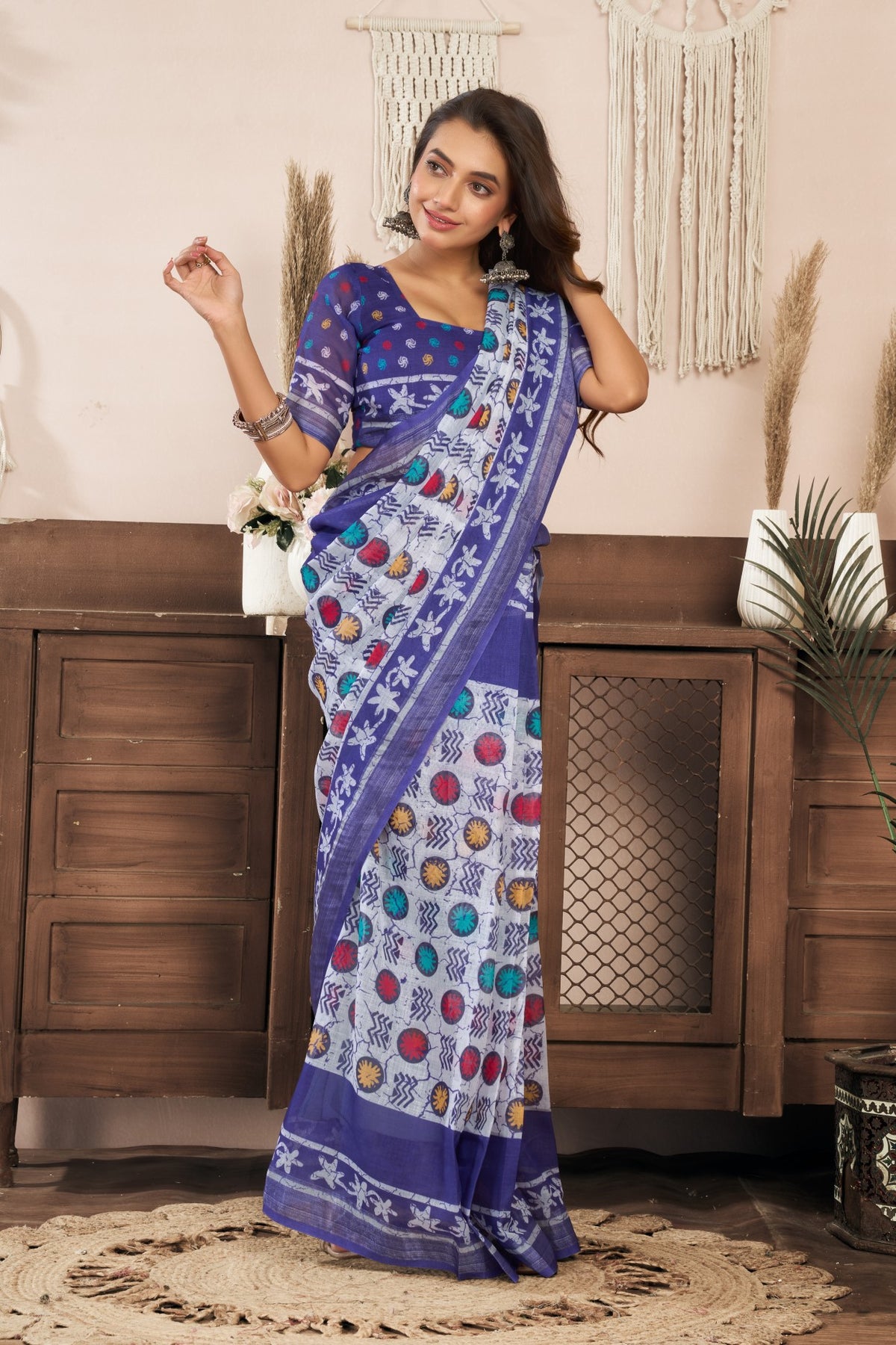 Violet Linen Ready To Wear Saree With Zari Border Printed