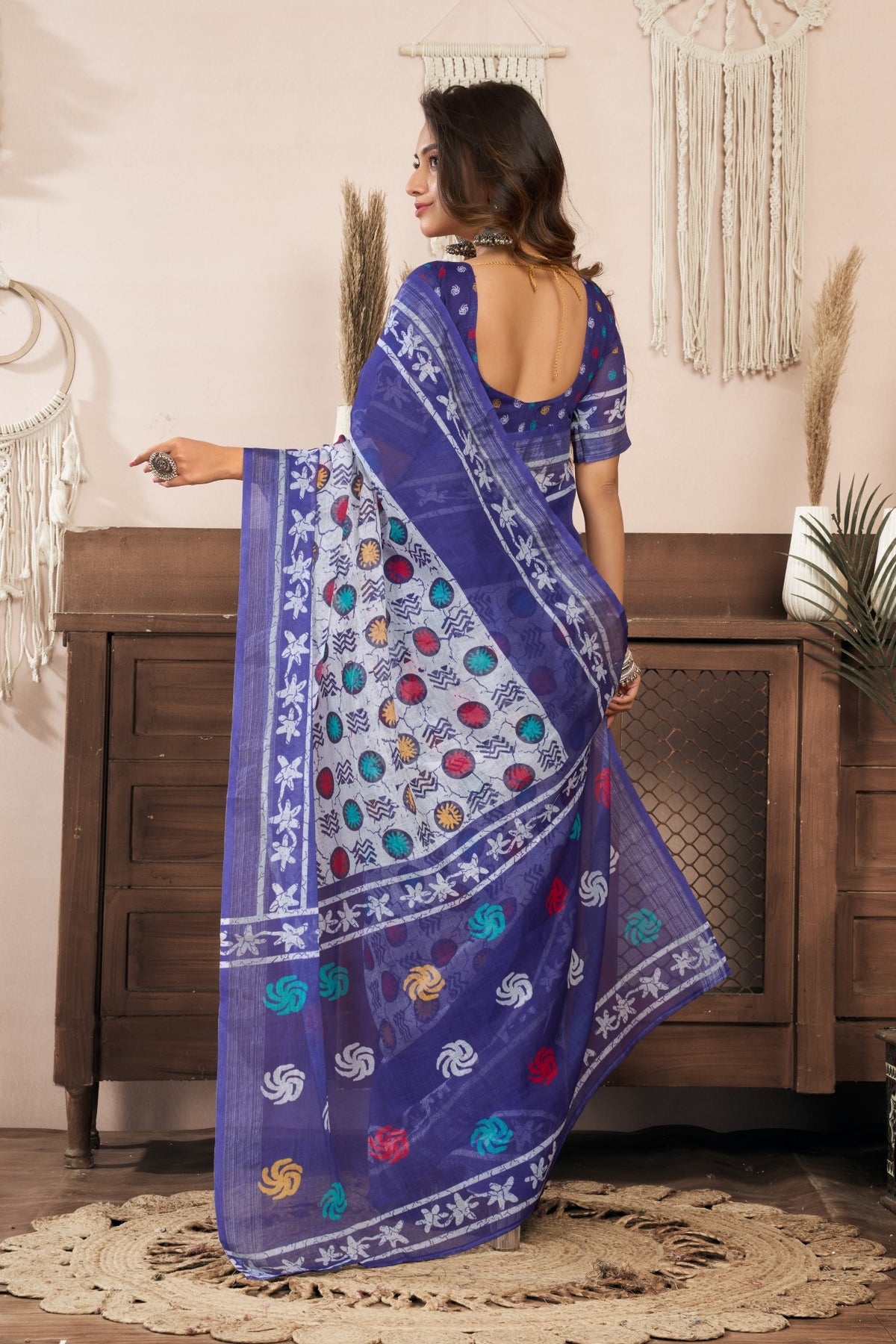 Violet Linen Ready To Wear Saree With Zari Border Printed