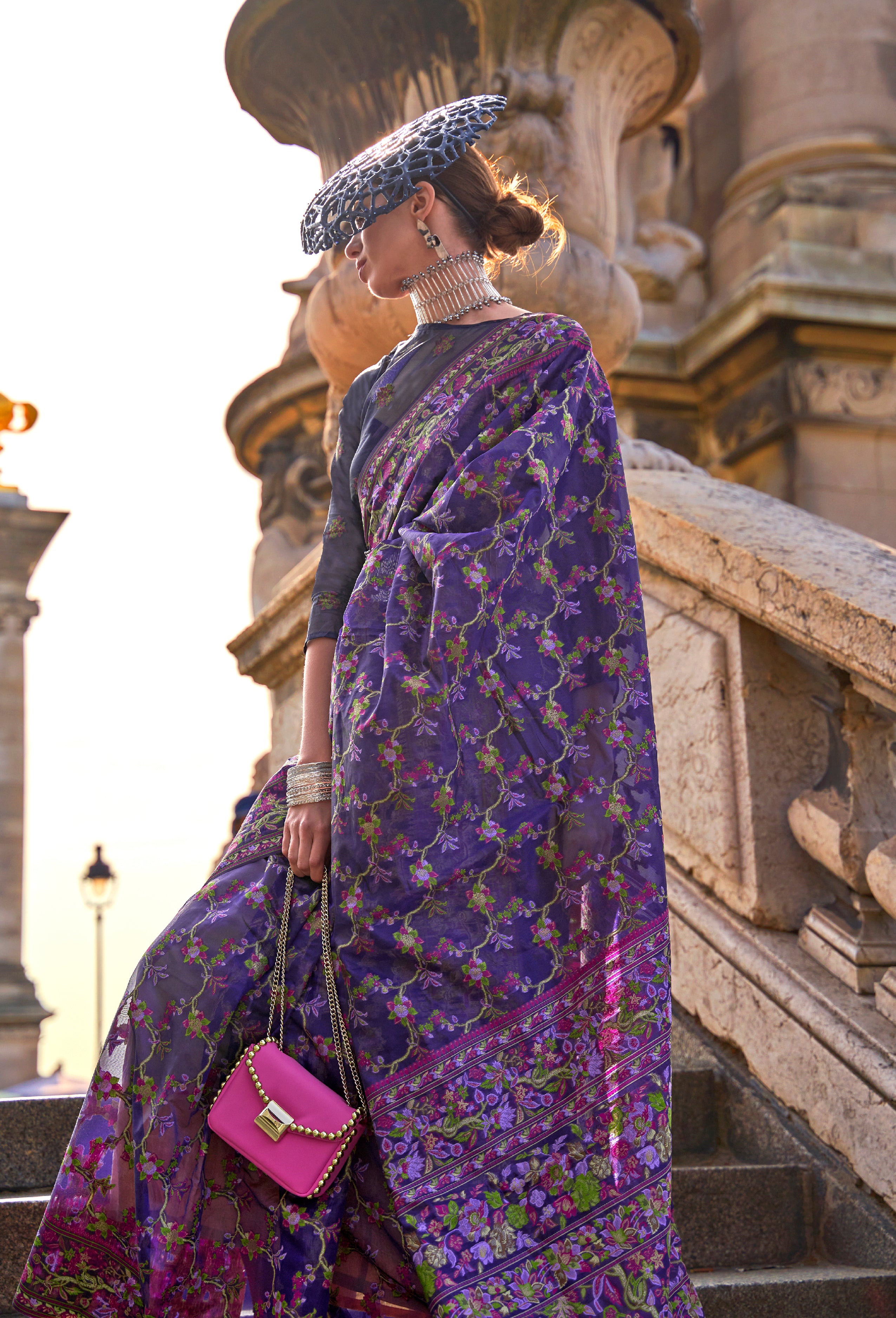Violet Organza Handloom Saree With Woven Work