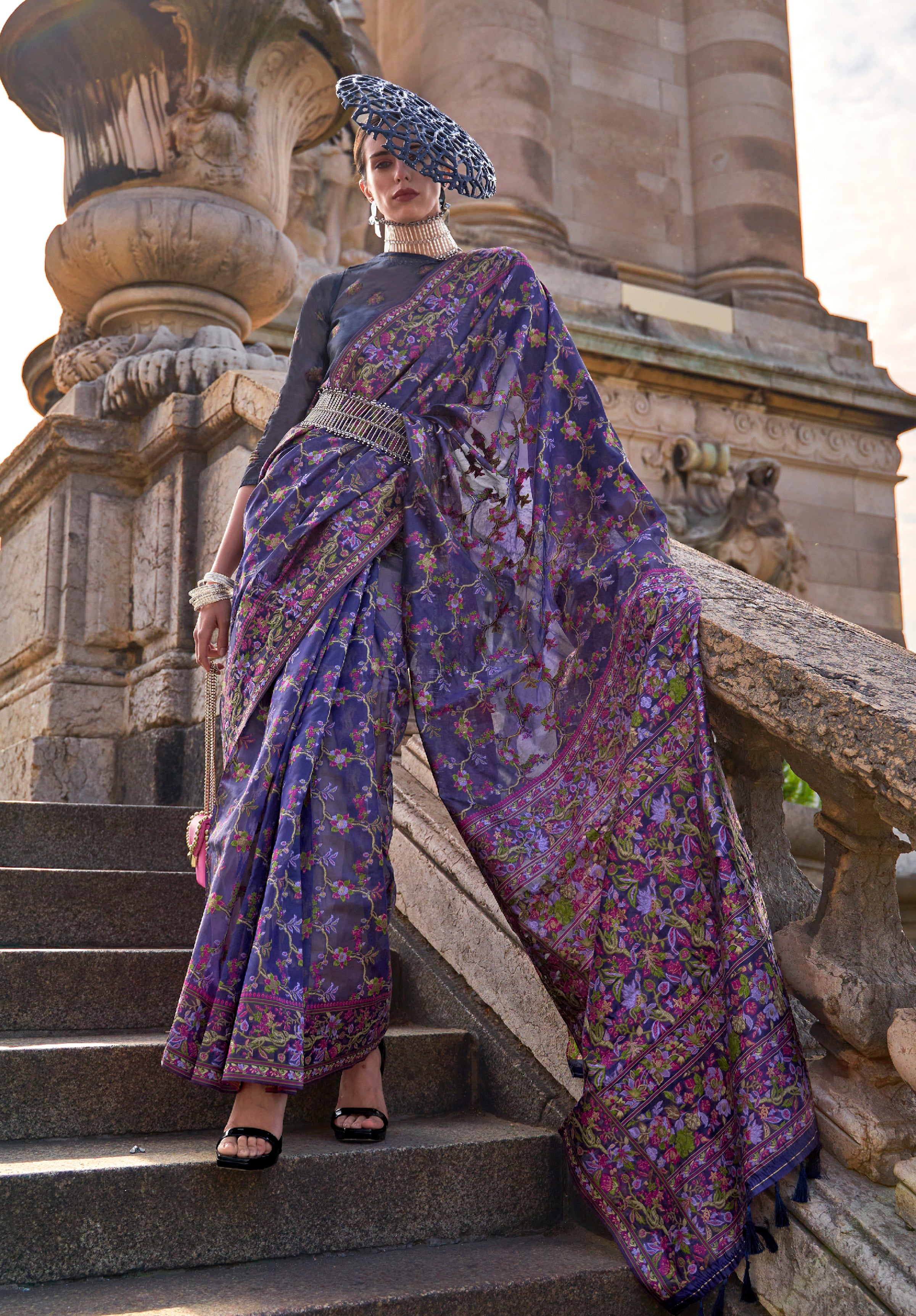 Violet Organza Handloom Saree With Woven Work