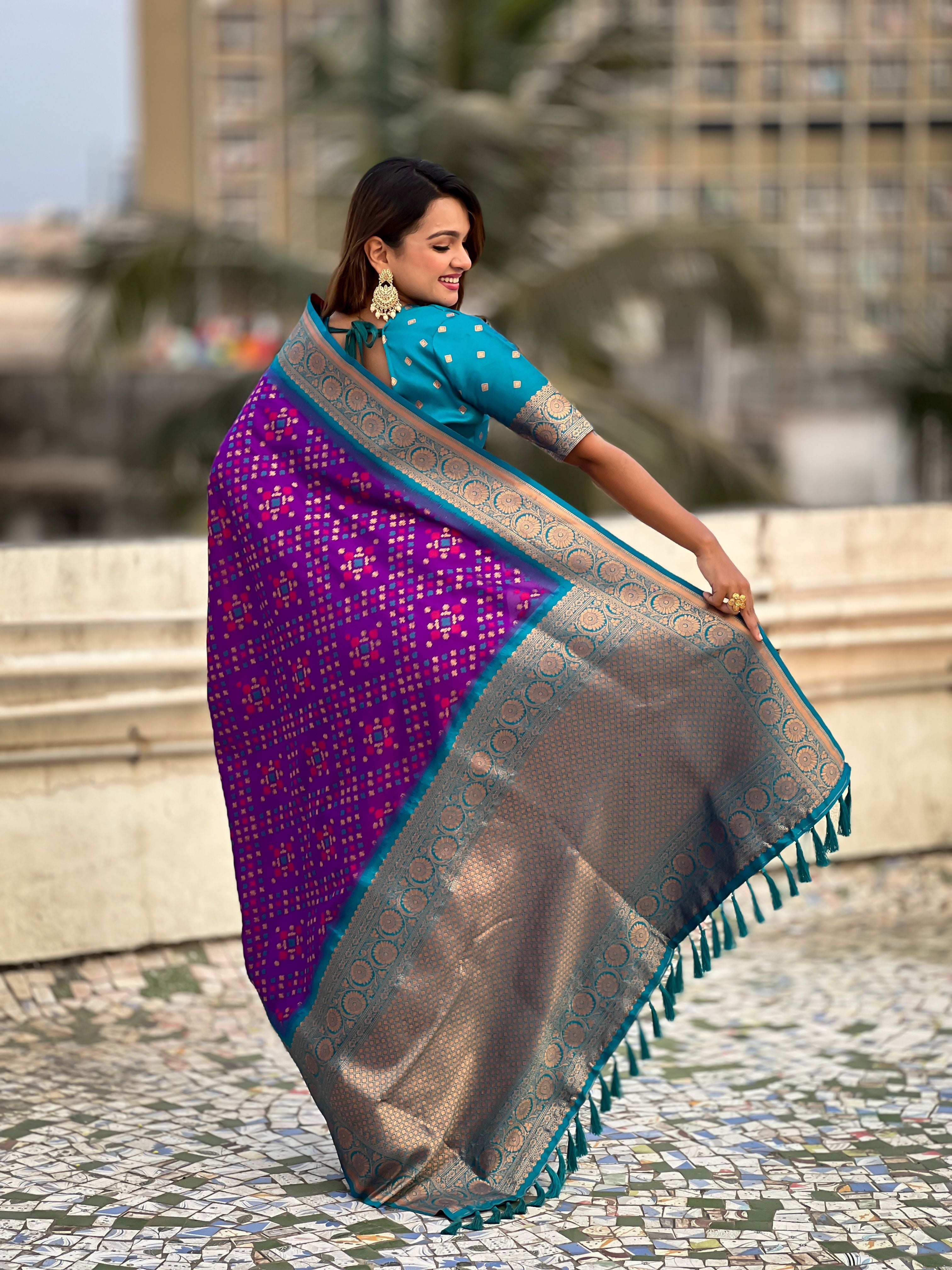 Violet Patola Silk Weaving Ikkat Meenakari Designer Graceful Ceremonial Saree