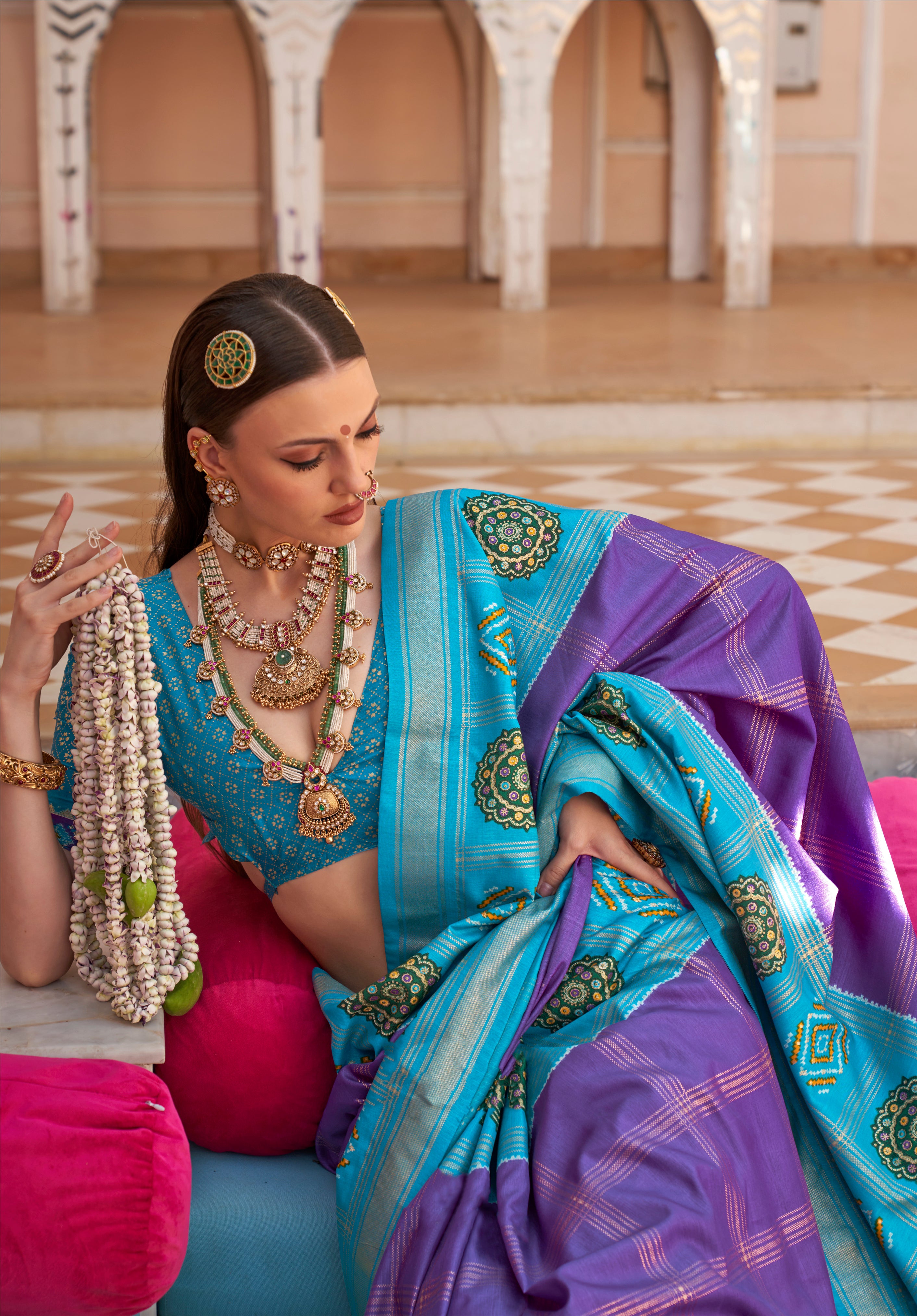 Violet Printed Saree With Jacquared Woven Work