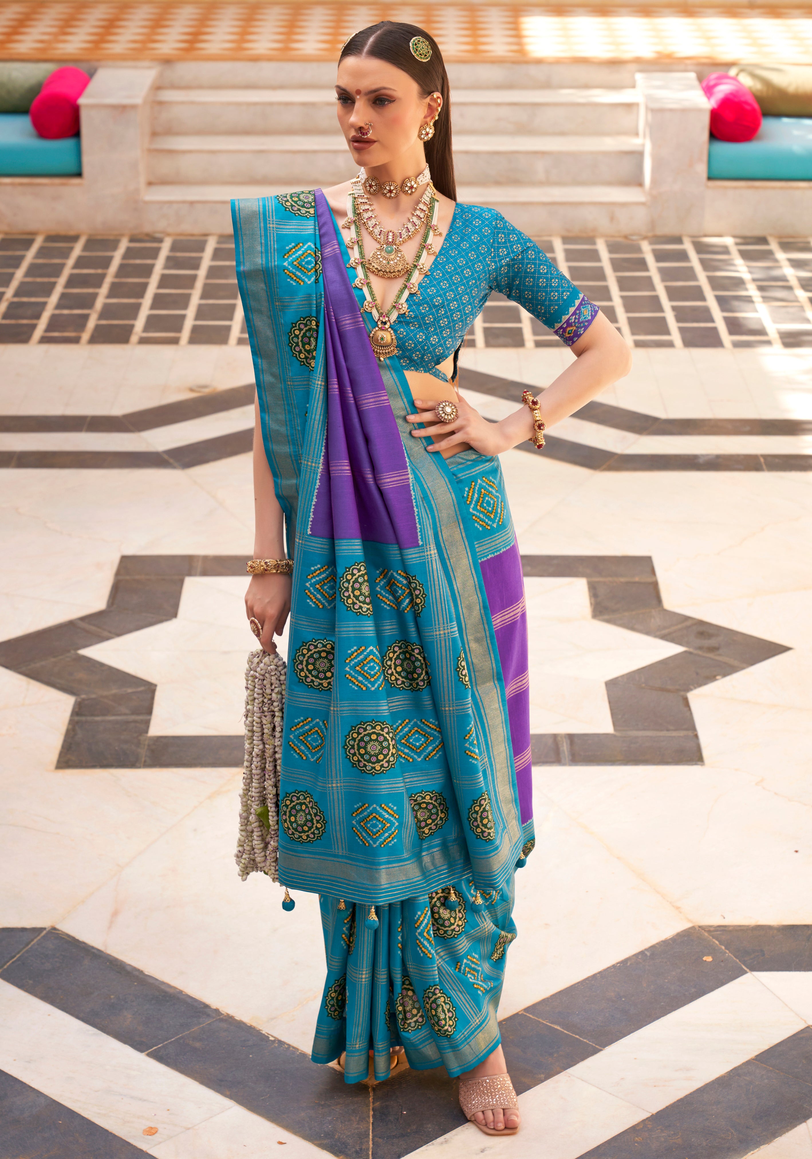 Violet Printed Saree With Jacquared Woven Work