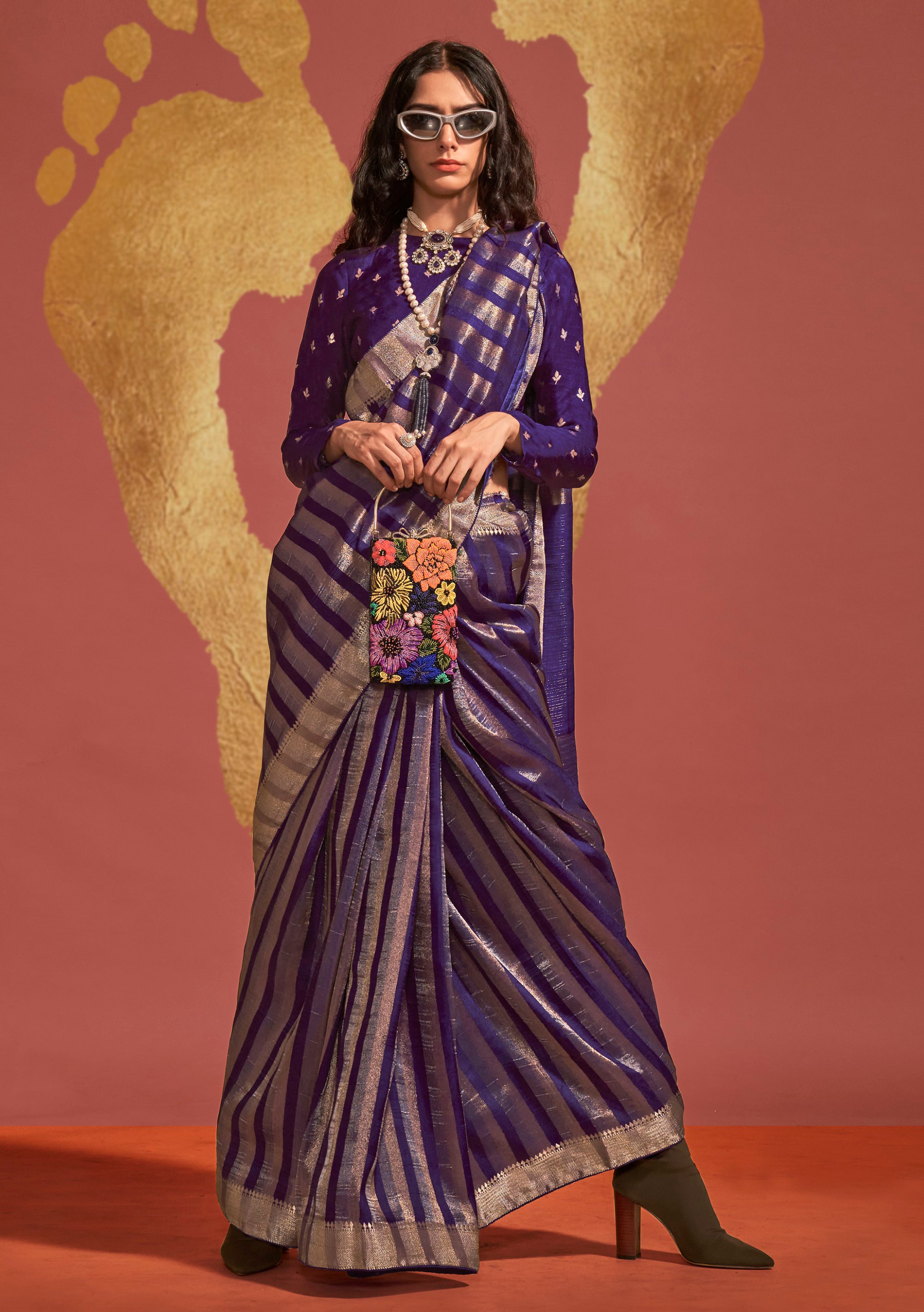 Violet Pure Viscose Handloom Silk Saree With Jacquard Woven Work