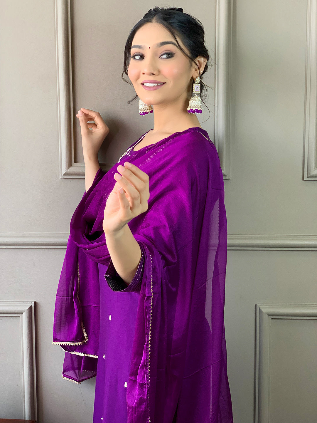 Violet Rayon Slub Elegant Kurta Pant Set With Embroidery Work