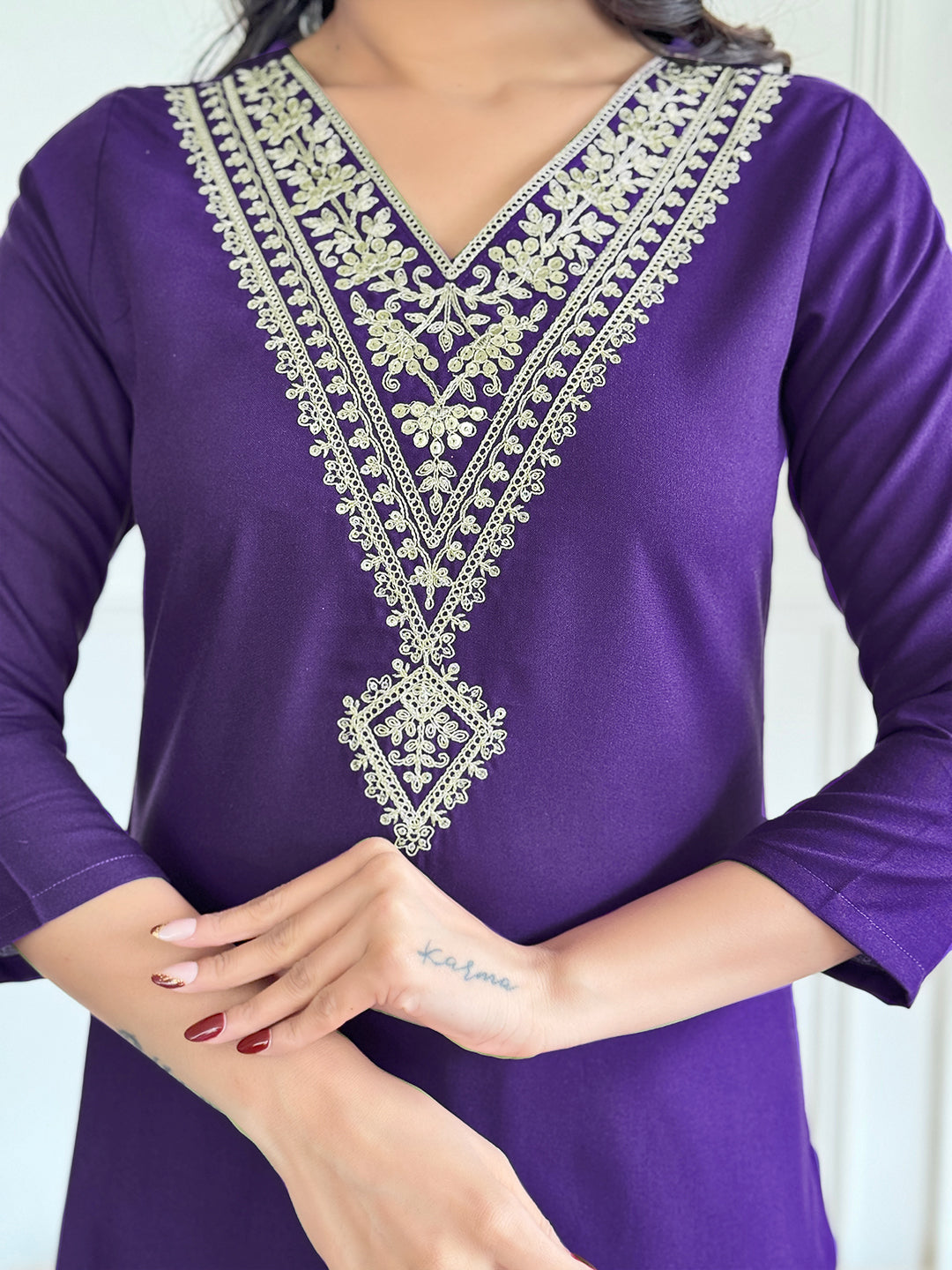 Violet Rayon Slub Elegant Kurta Pant Set With Embroidery Work