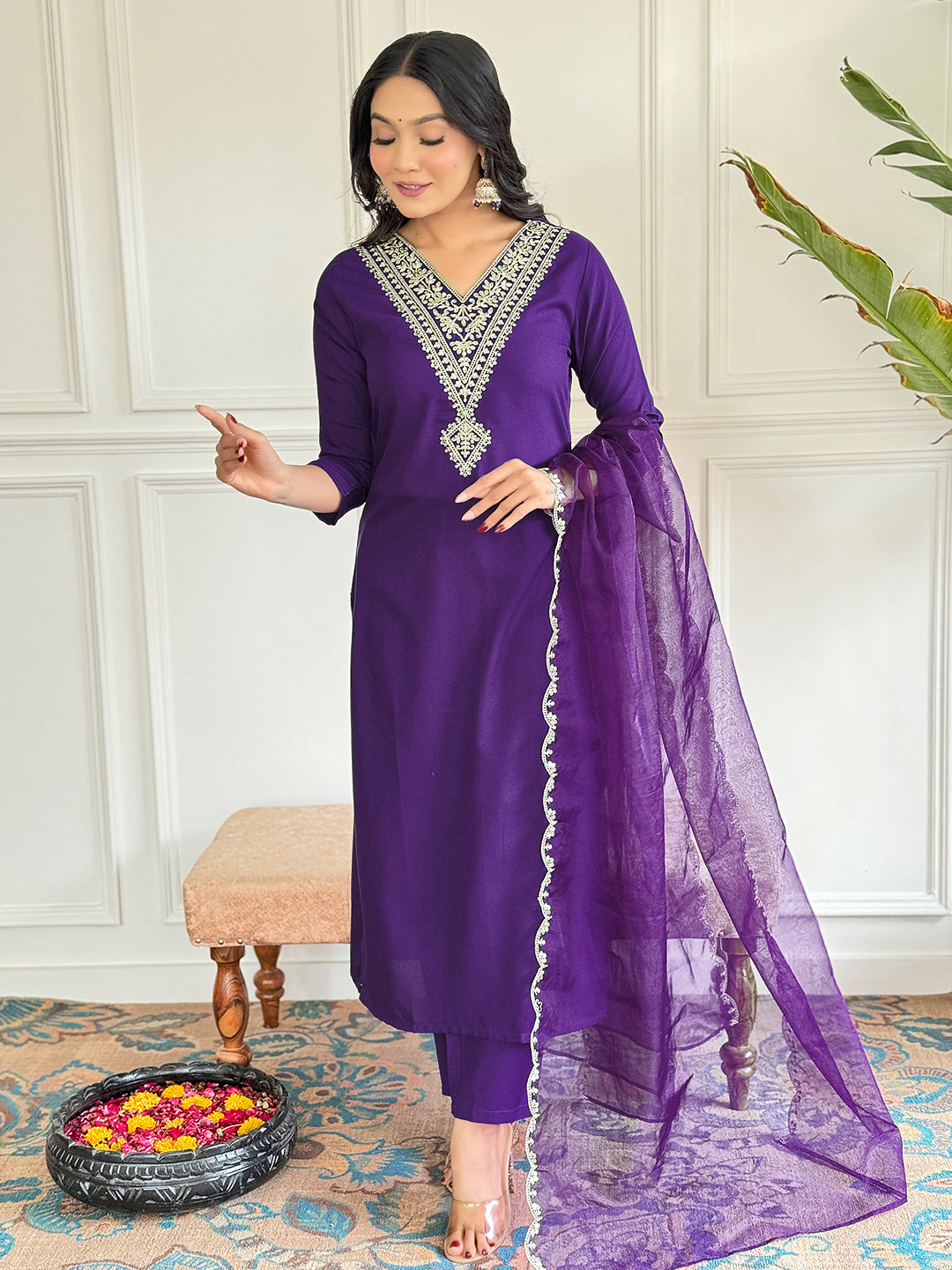 Violet Rayon Slub Elegant Kurta Pant Set With Embroidery Work