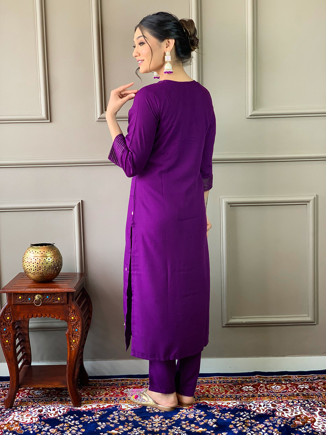 Violet Rayon Slub Elegant Kurta Pant Set With Embroidery Work