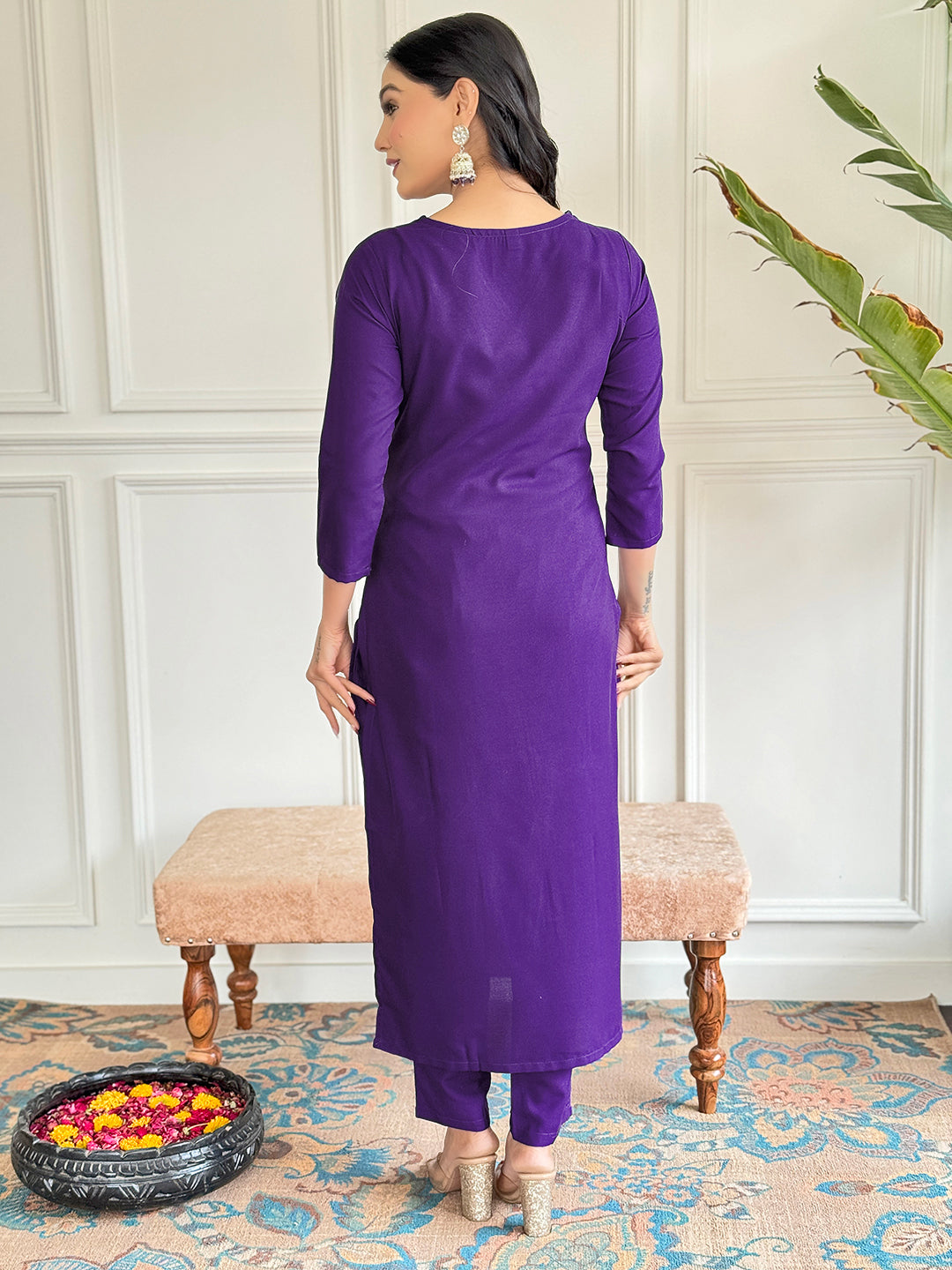 Violet Rayon Slub Elegant Kurta Pant Set With Embroidery Work