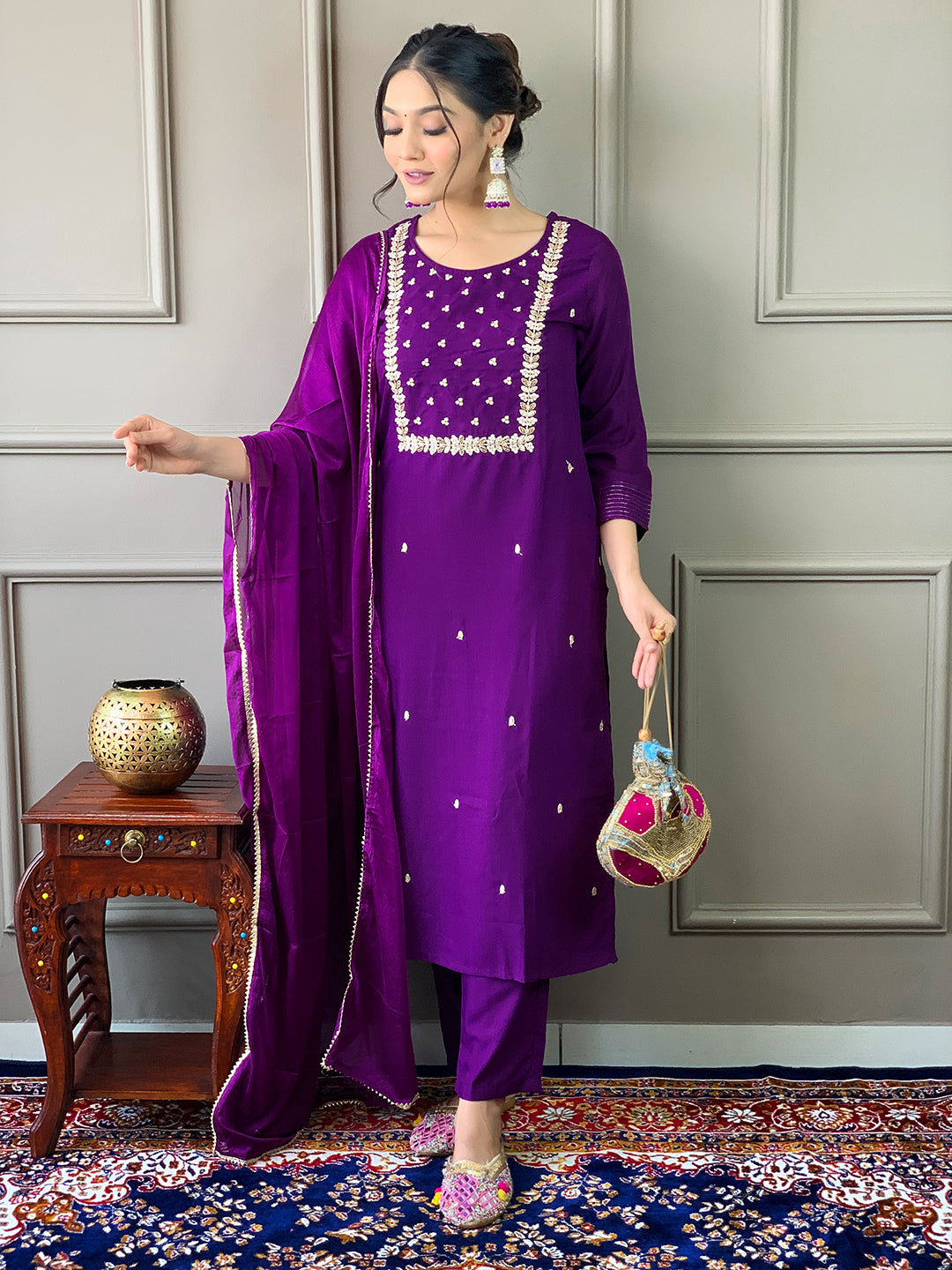 Violet Rayon Slub Elegant Kurta Pant Set With Embroidery Work