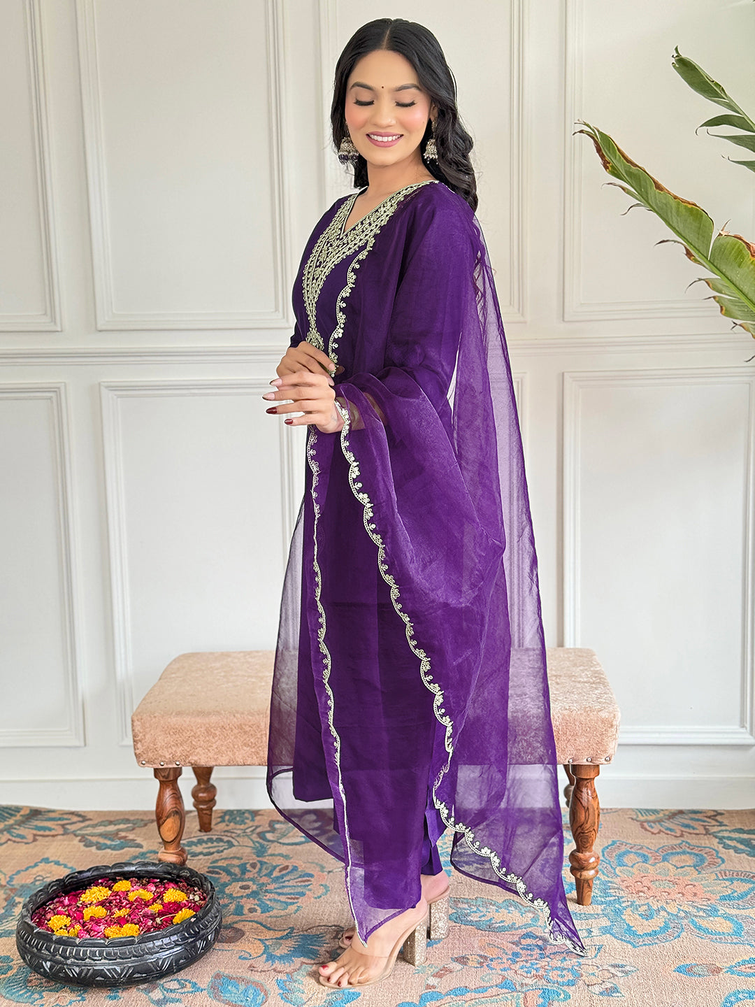 Violet Rayon Slub Elegant Kurta Pant Set With Embroidery Work