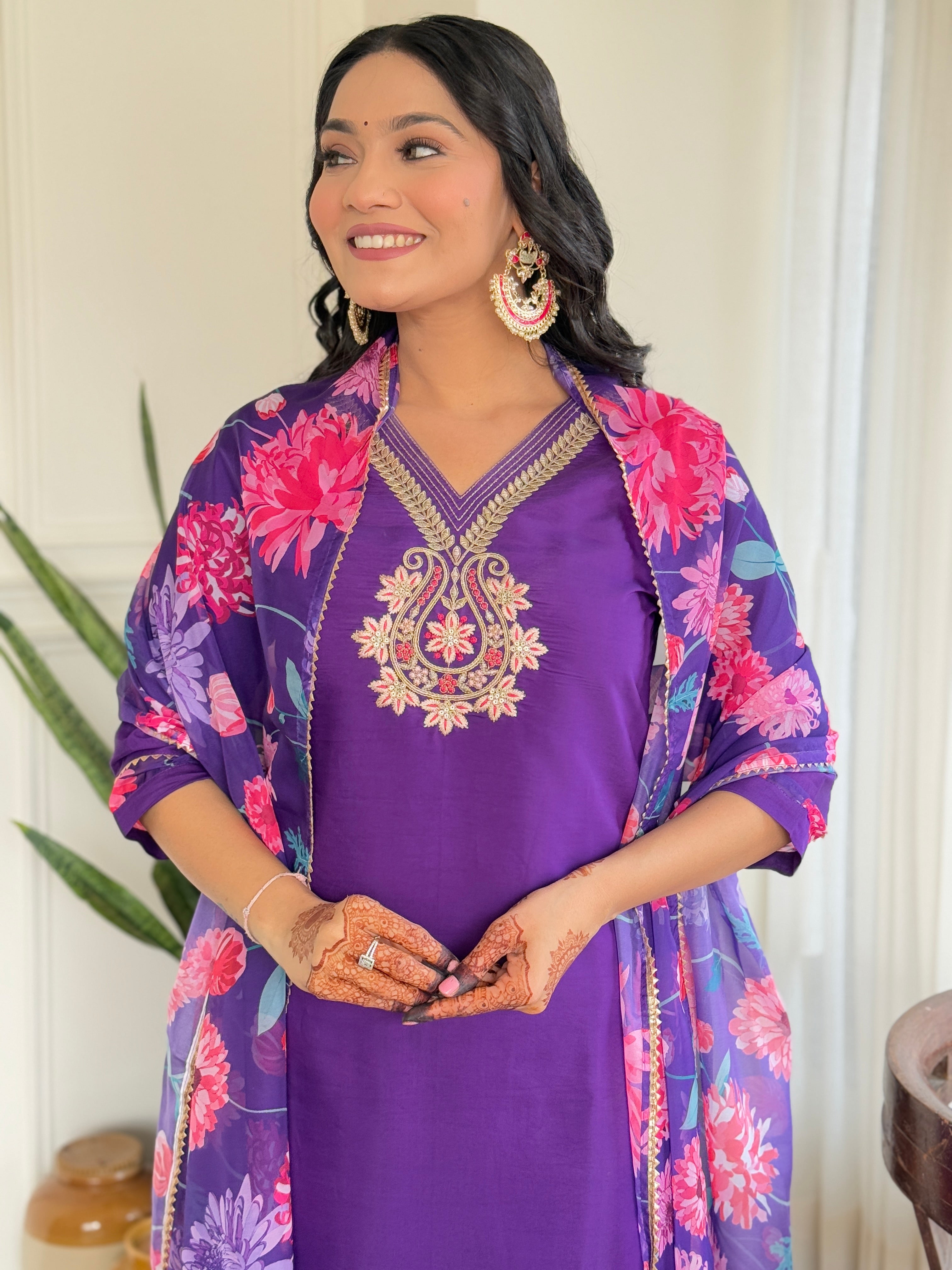 Violet Roman Silk Kurta Pant with Heavy Thread Embroidery Work With Printed Dupatta