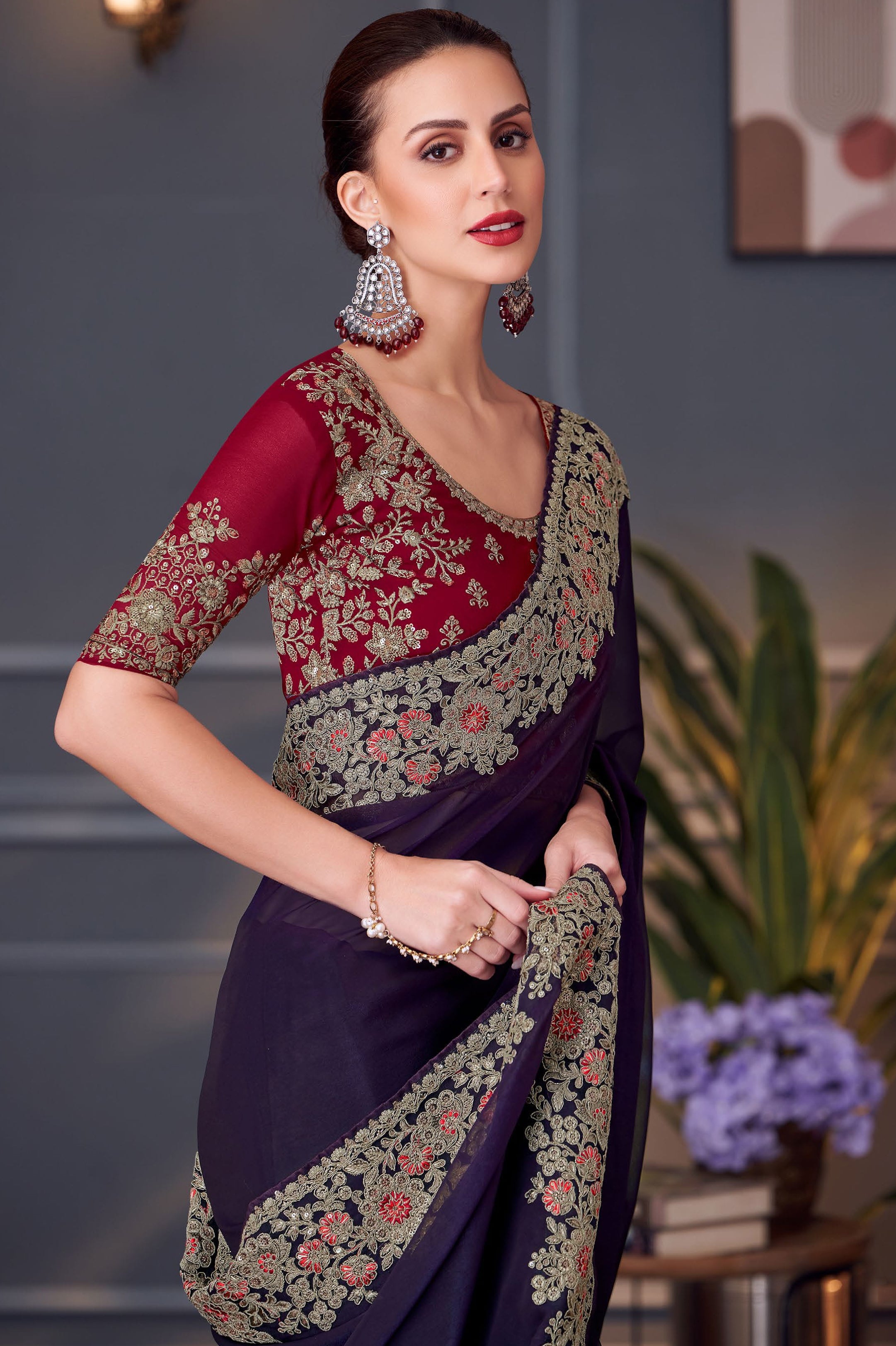 Violet Saree With Heavy Thread Embroidery Sequins Work