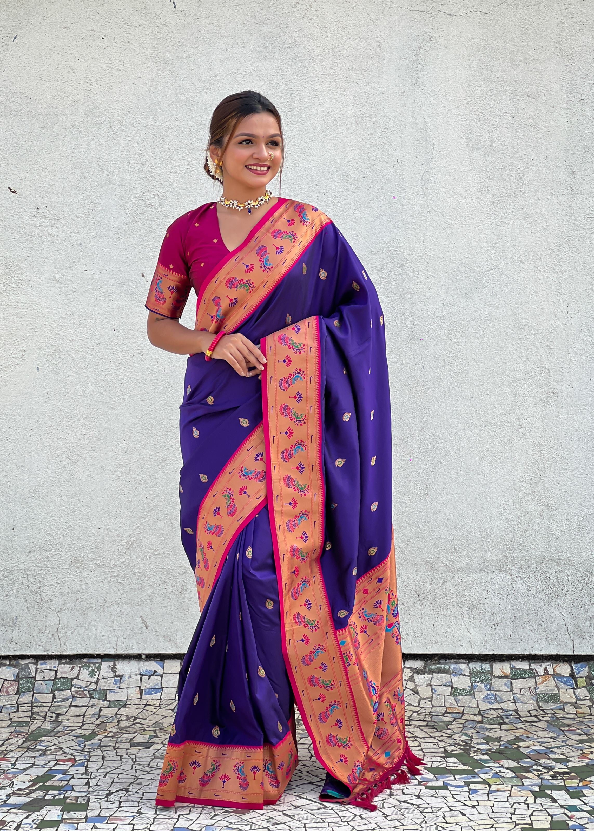 Violet Silk Blend Paithani Saree