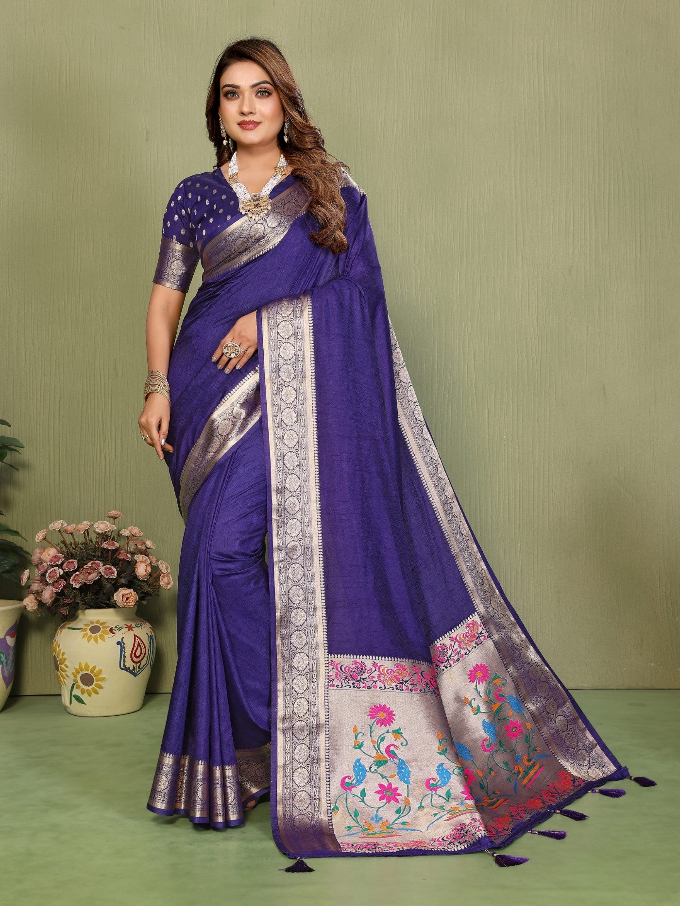 Violet Silk Saree With Traditional Weaving