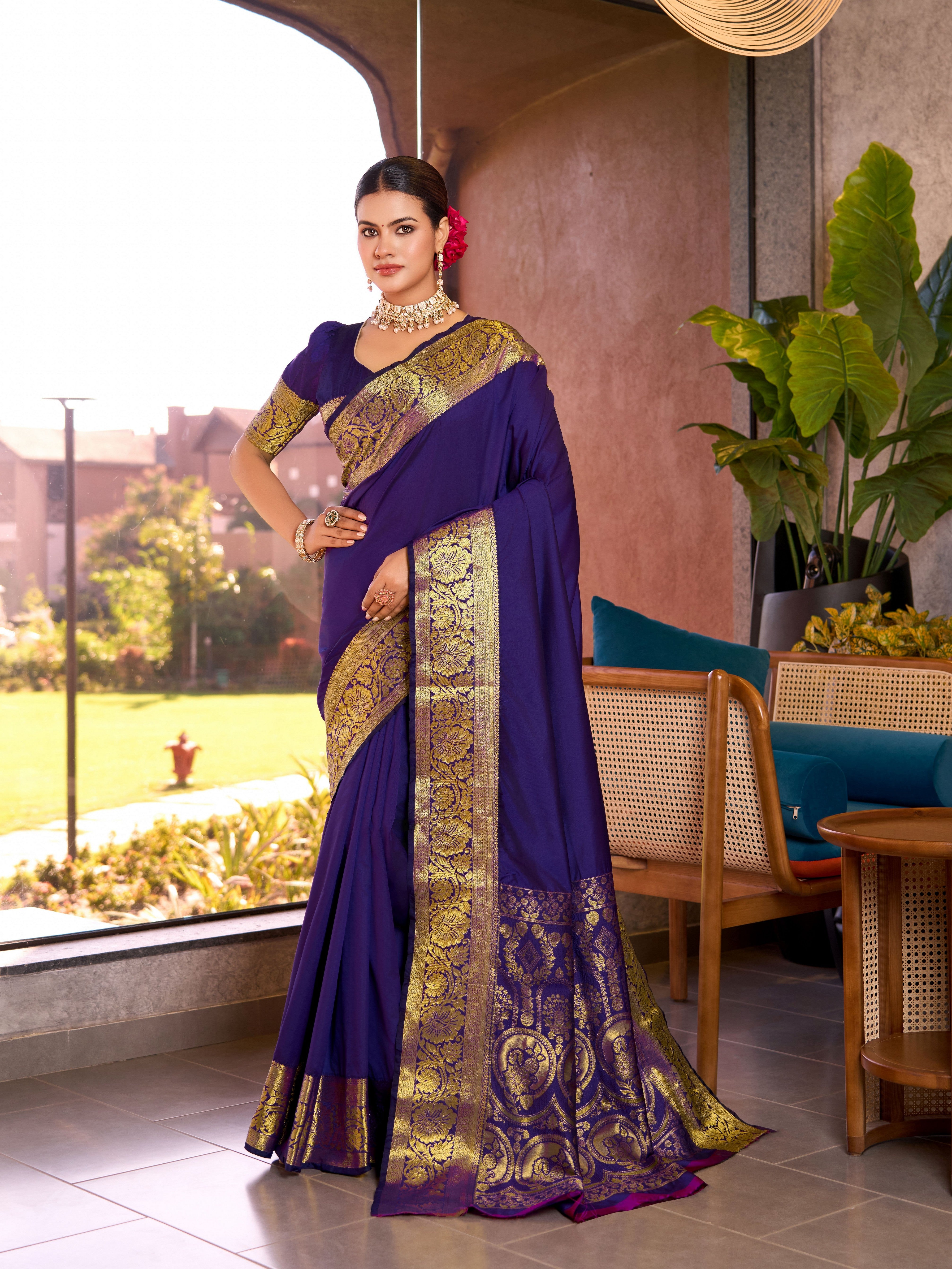 Violet Soft Silk Woven Jari Designer Heavy Partywear Saree