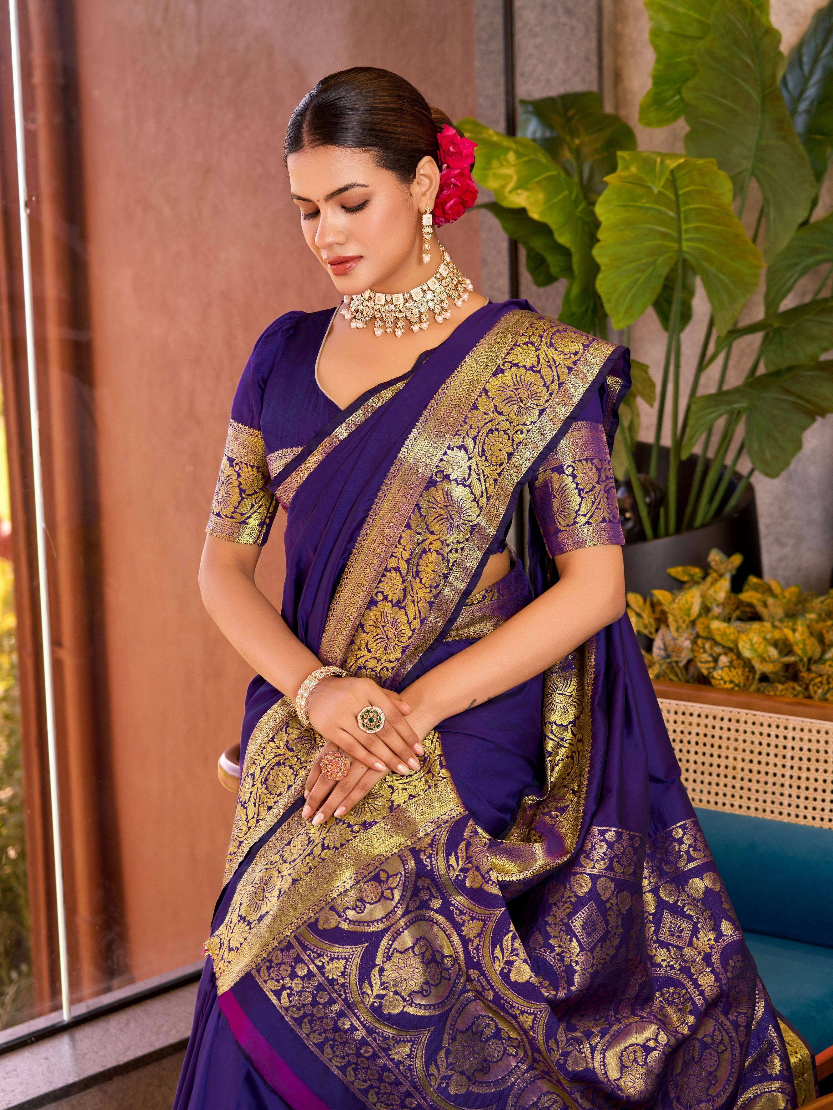 Violet Soft Silk Woven Jari Designer Heavy Partywear Saree