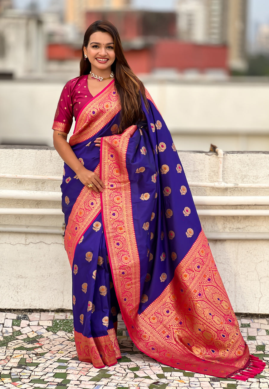 Violet Soft Silk Woven Meenakari Designer Trending Partywear Saree
