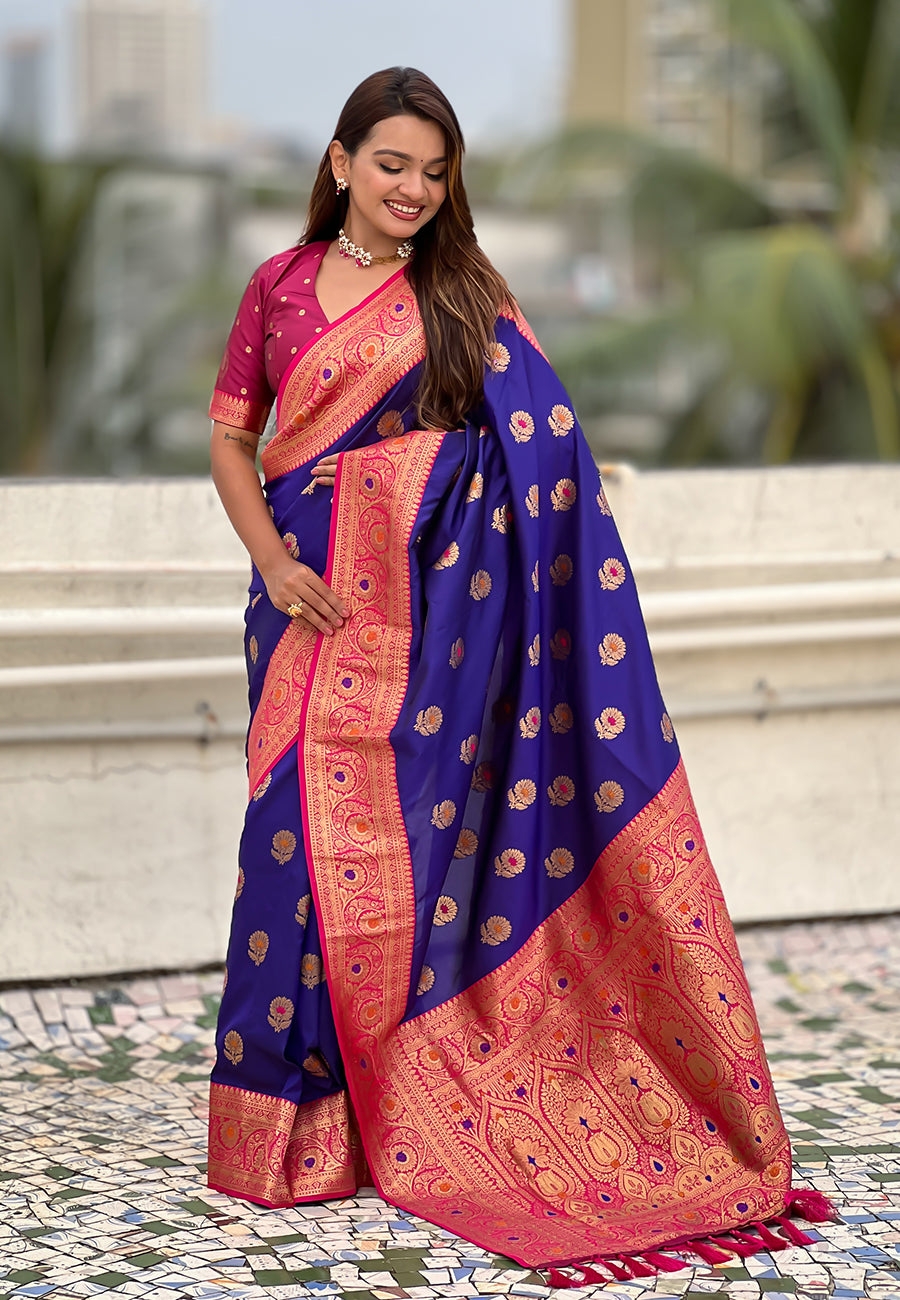 Violet Soft Silk Woven Meenakari Designer Trending Partywear Saree