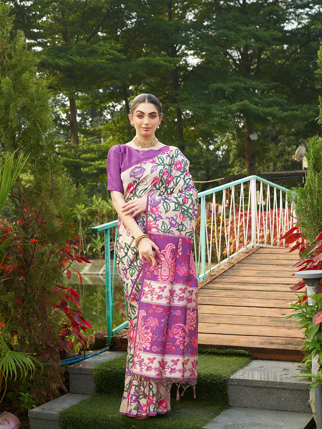 Violet Tussar Silk Designer Kalamkari Printed Traditional Ethnic Indian Saree