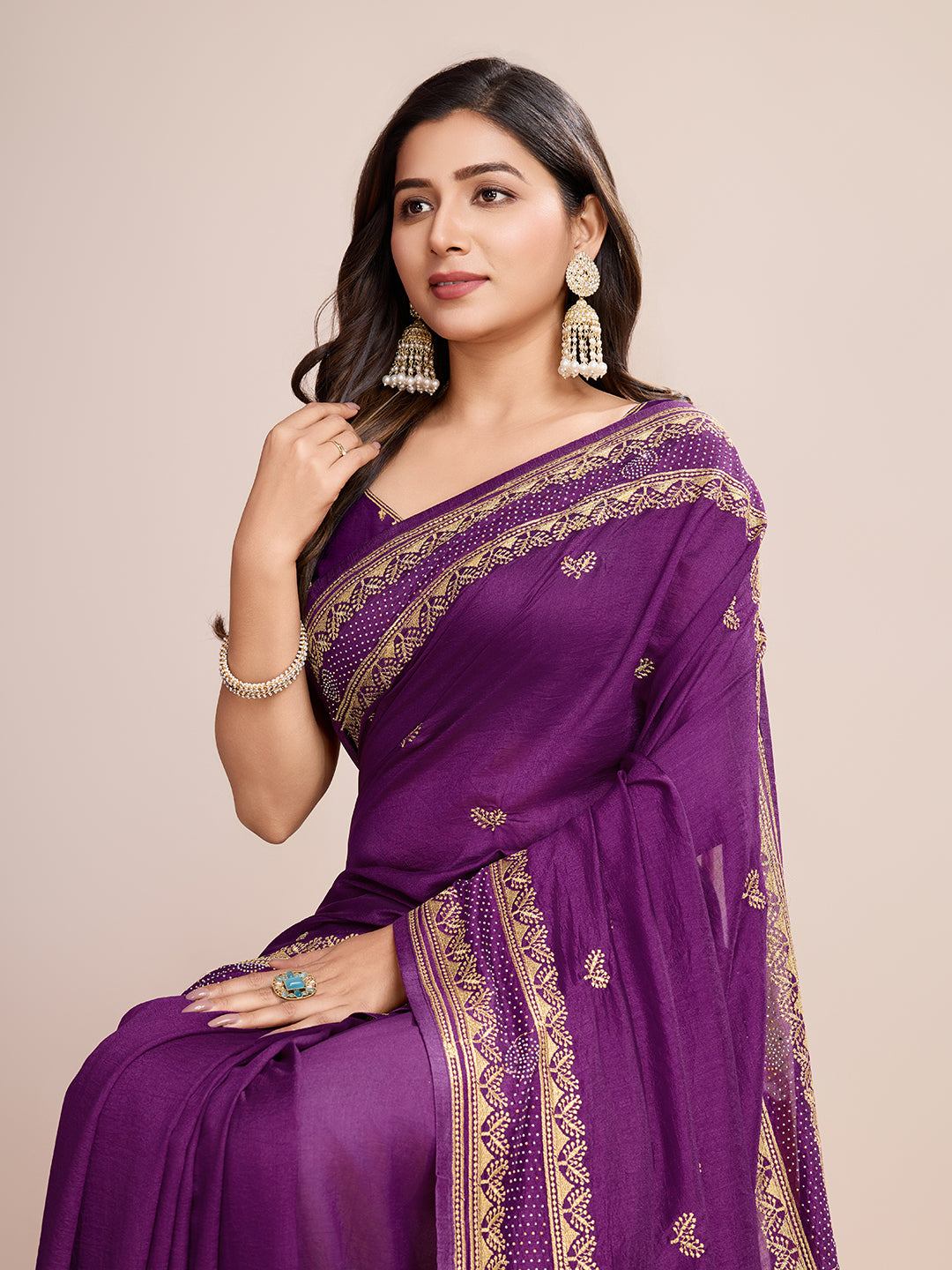 Violet Vichitra Silk Girlie Looks Designer Embroidery Work Wedding Season Saree