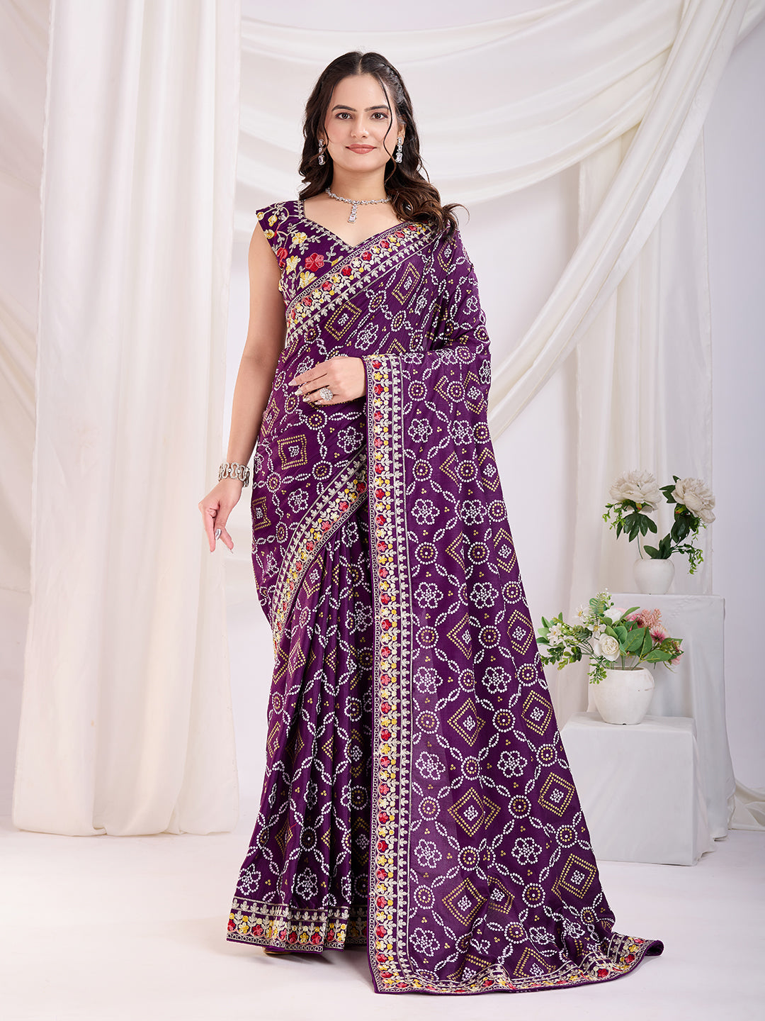 Voilet Bandhani Printed With Embroidery Work Beautiful Ceremonial Saree