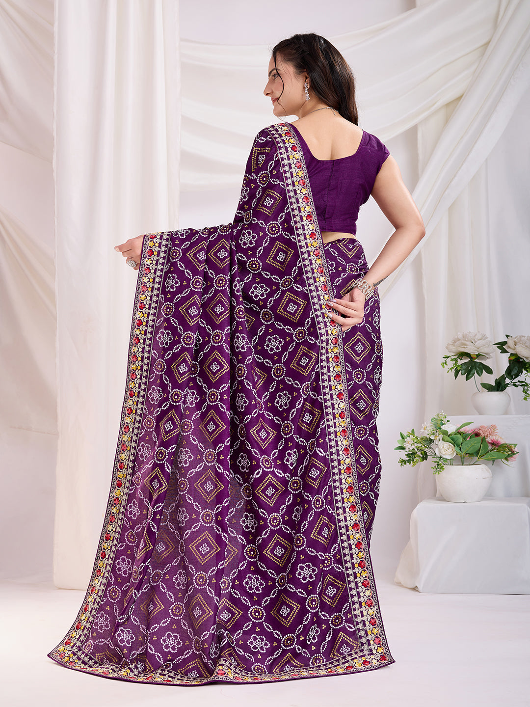 Voilet Bandhani Printed With Embroidery Work Beautiful Ceremonial Saree