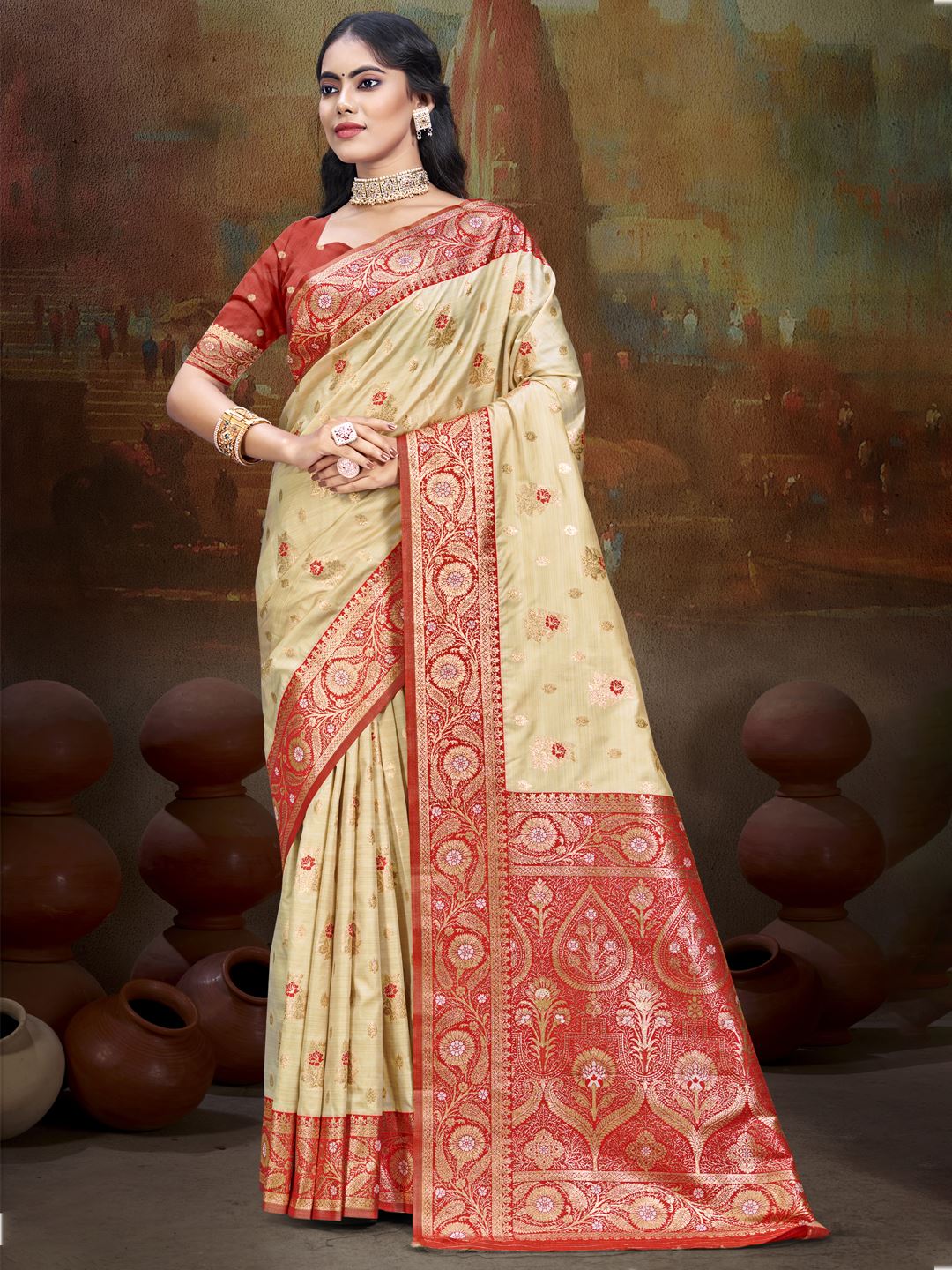 Warm Beige and Passionate Red Silk Saree