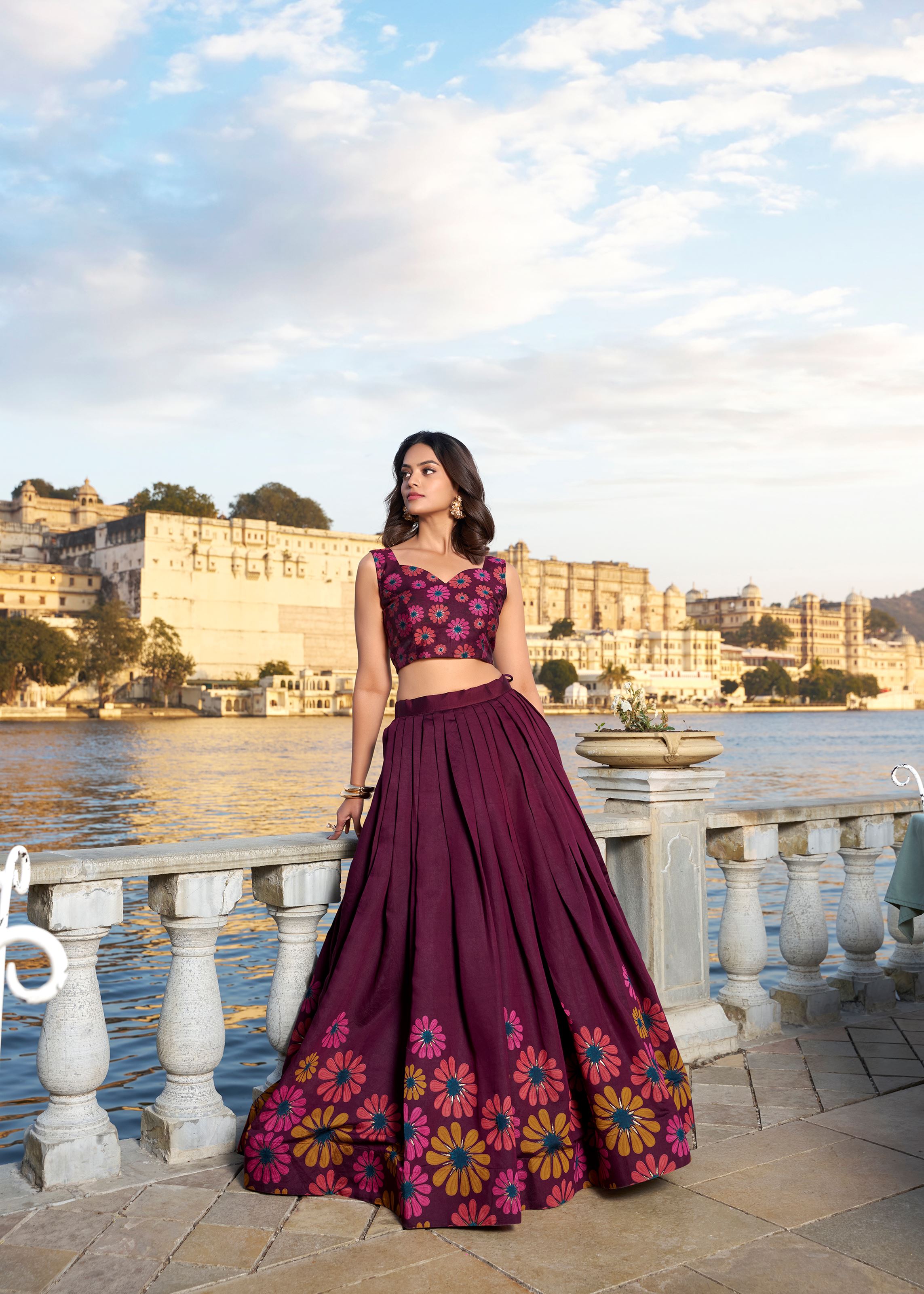 Where Tradition Meets Glamour Floral Print Lehenga in Rich Wine Silk
