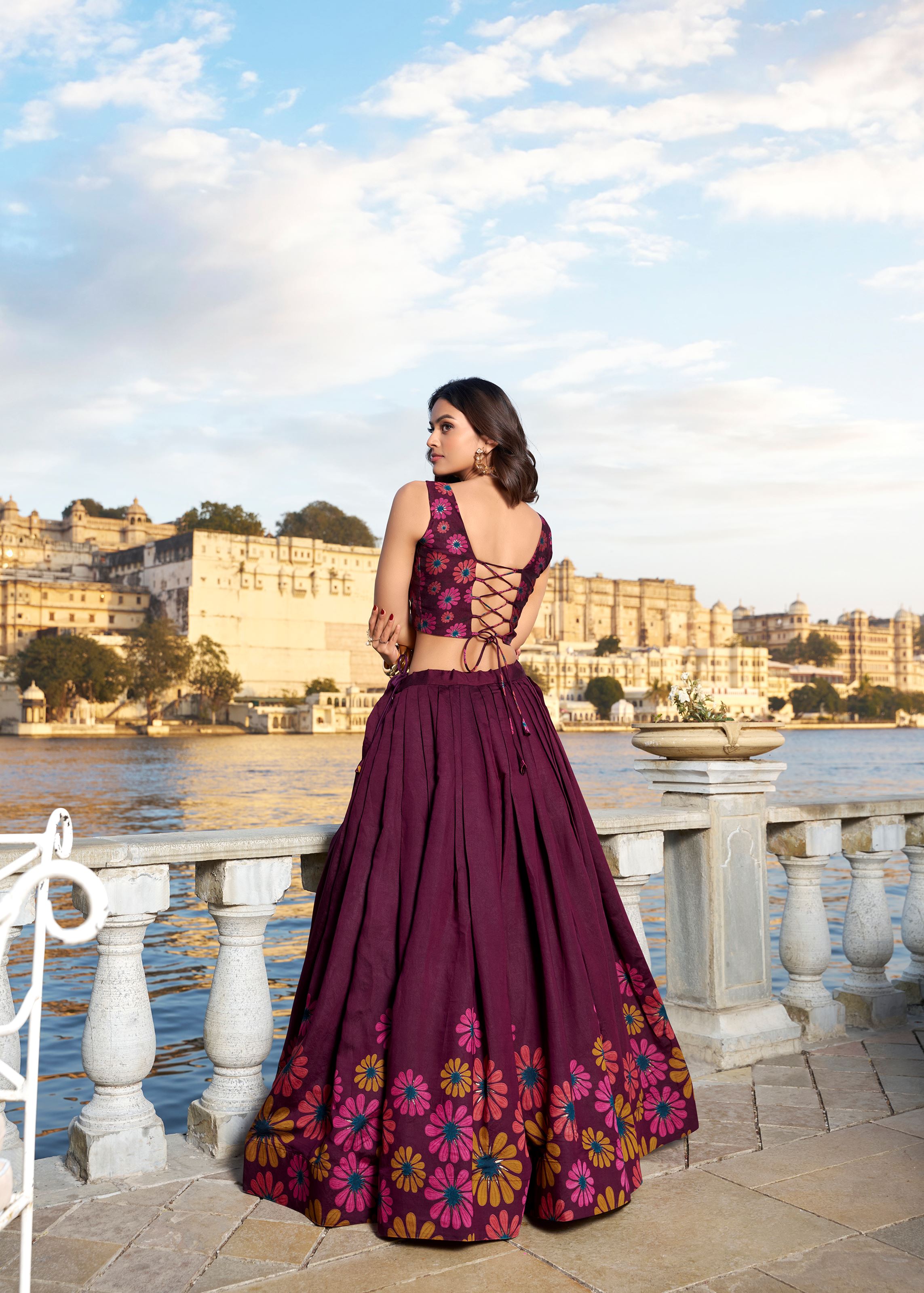 Where Tradition Meets Glamour Floral Print Lehenga in Rich Wine Silk
