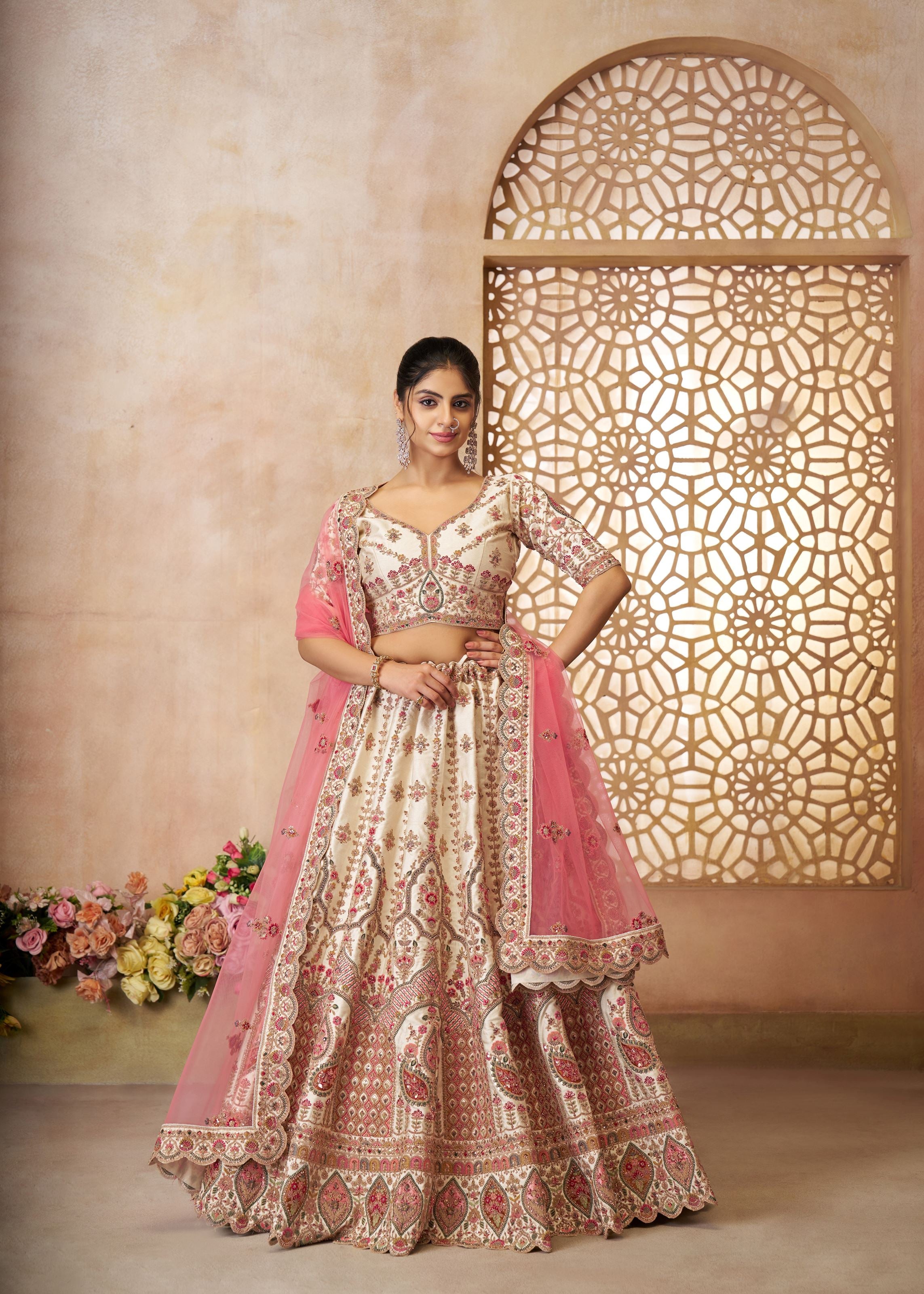 Whimiscal White Imperial Patterned Embroidered Bridal Lehenga
