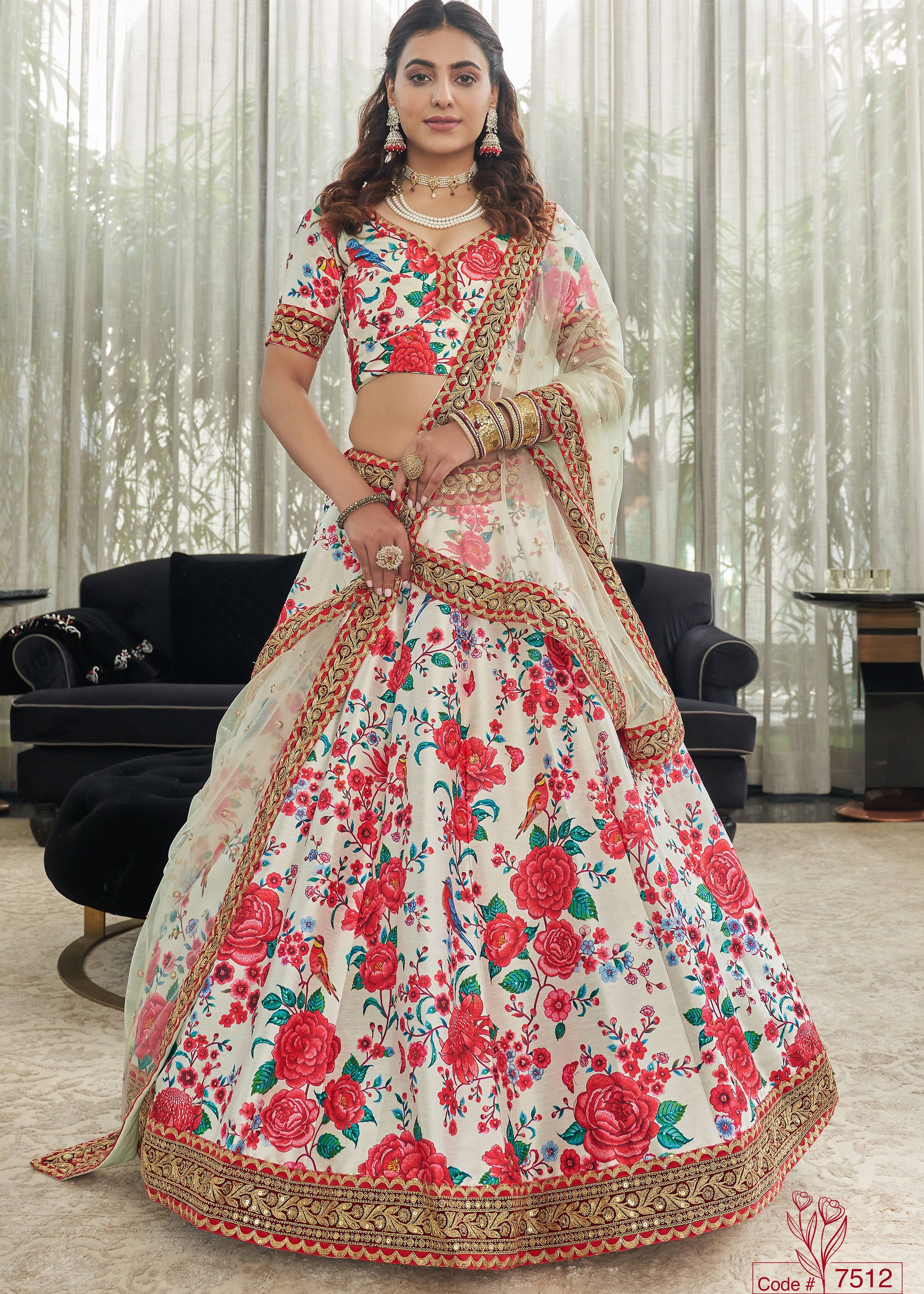 White-Red Lehenga Choli With Digital Print With Dori, Sequins And Stone Work