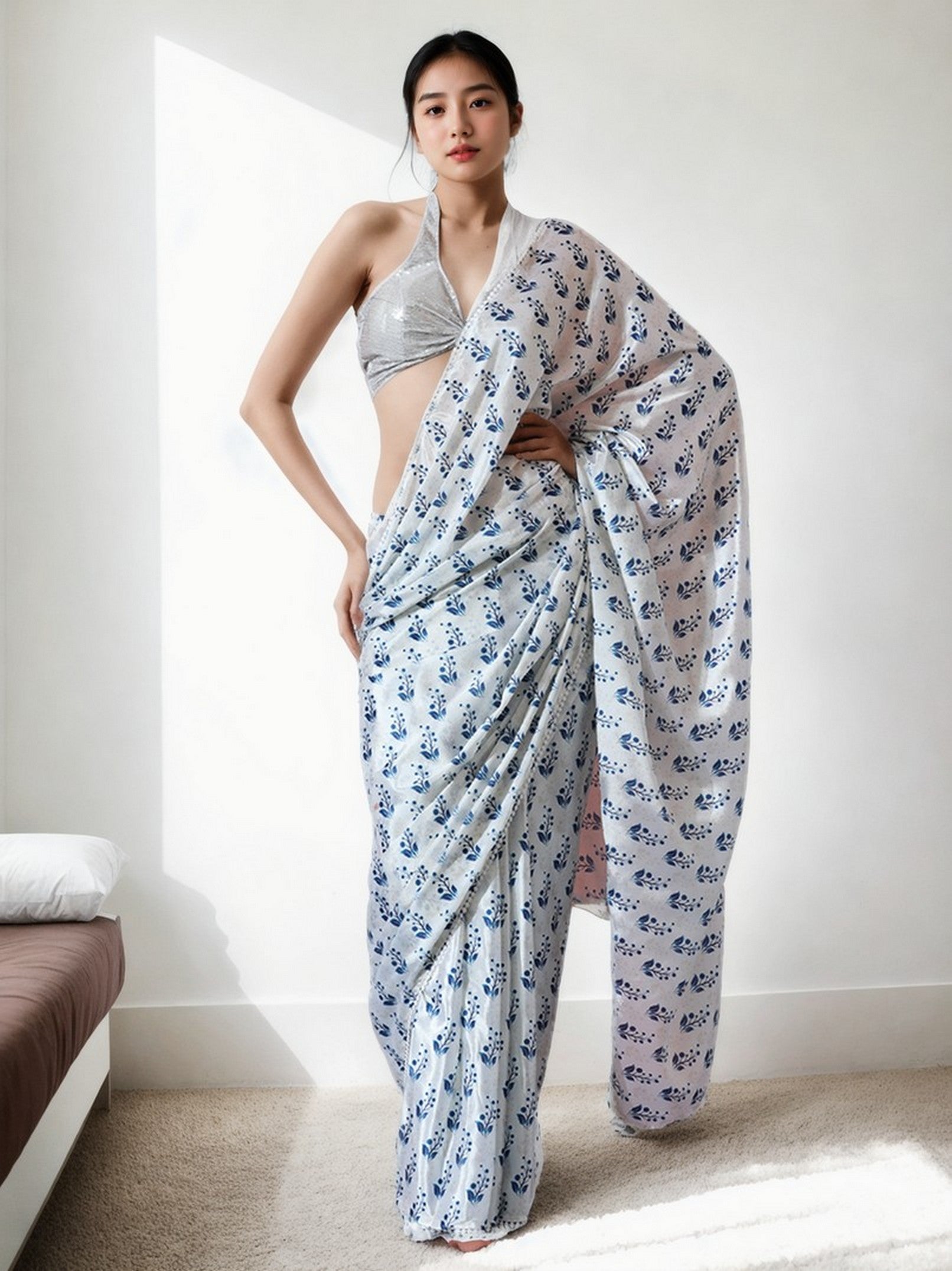 White Beautiful Chinon Designer Digital Printed Ready To Wear Ceremonial Saree