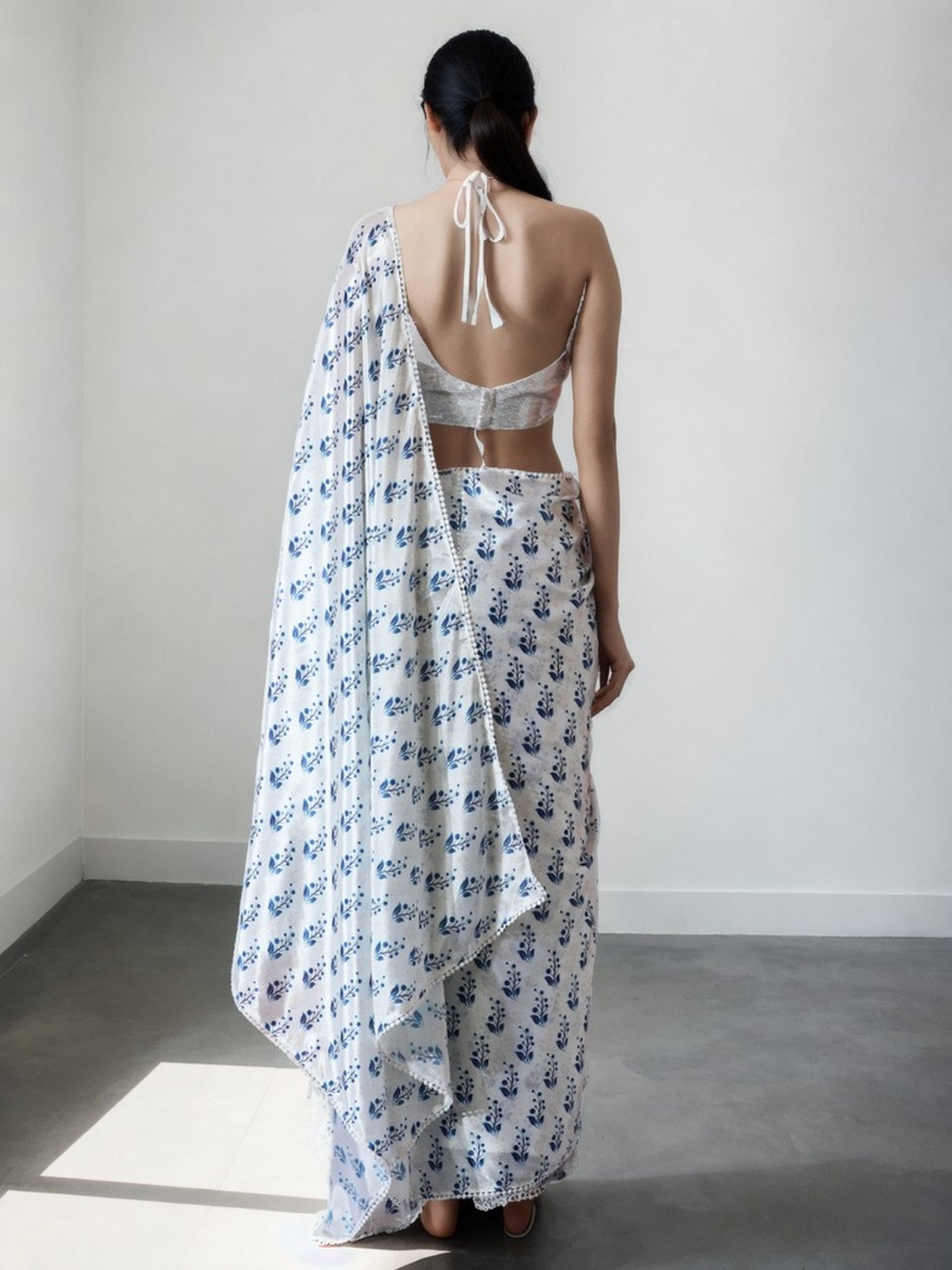 White Beautiful Chinon Designer Digital Printed Ready To Wear Ceremonial Saree