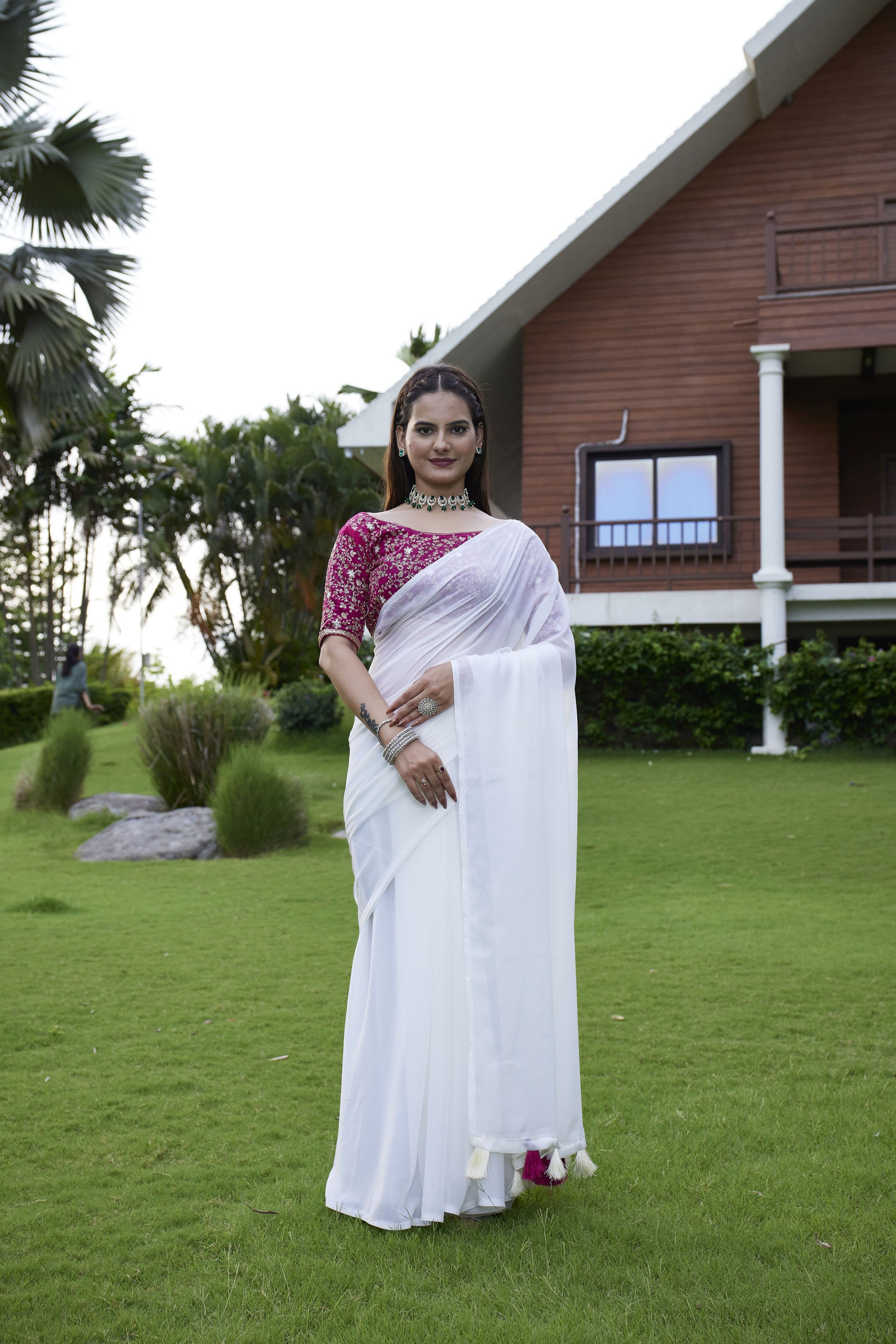 White Beautiful Fancy Saree With Embroidered Blouse