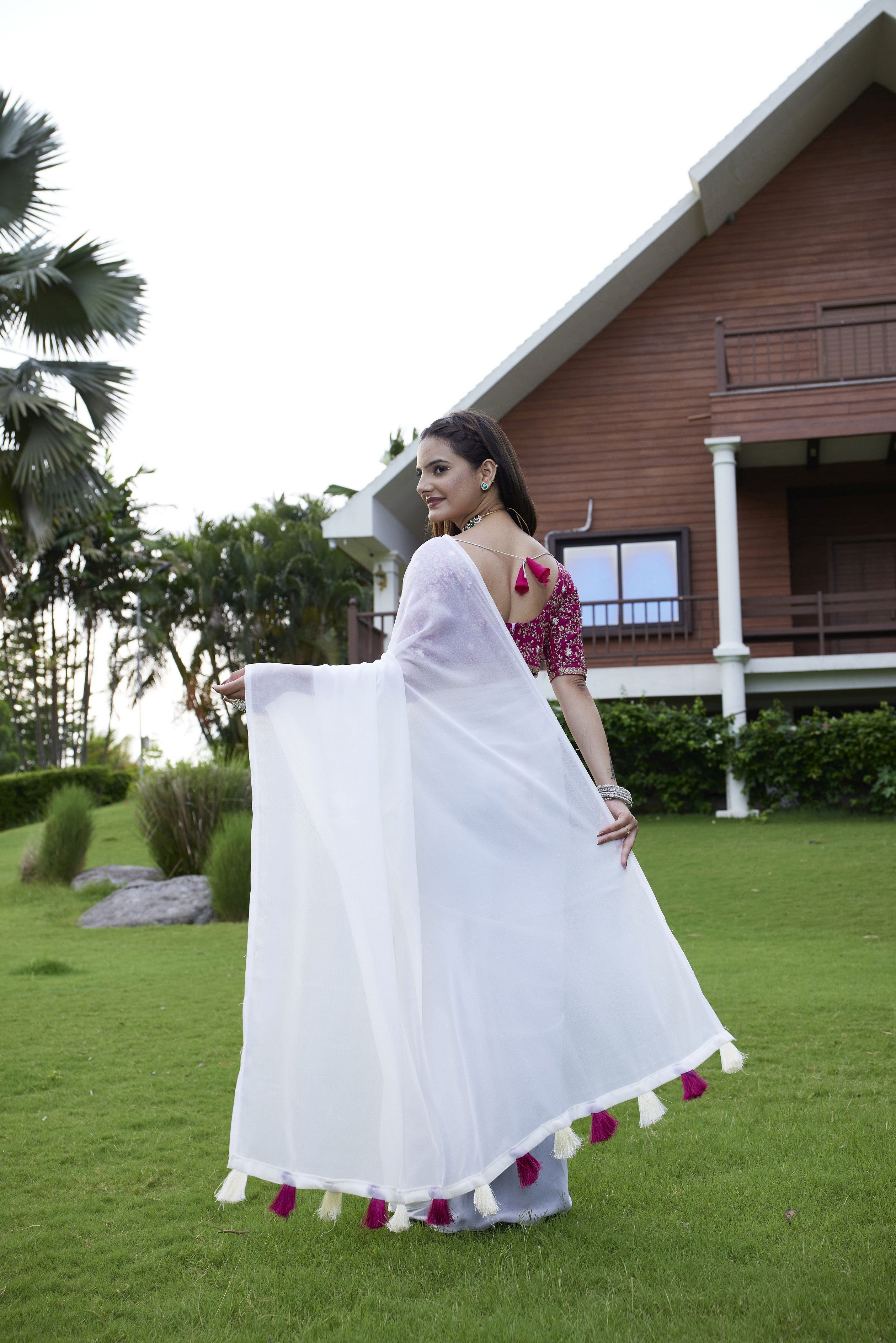 White Beautiful Fancy Saree With Embroidered Blouse
