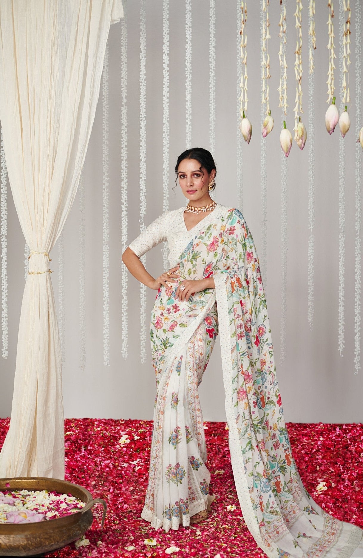 White Bright Moss Saree With Printed