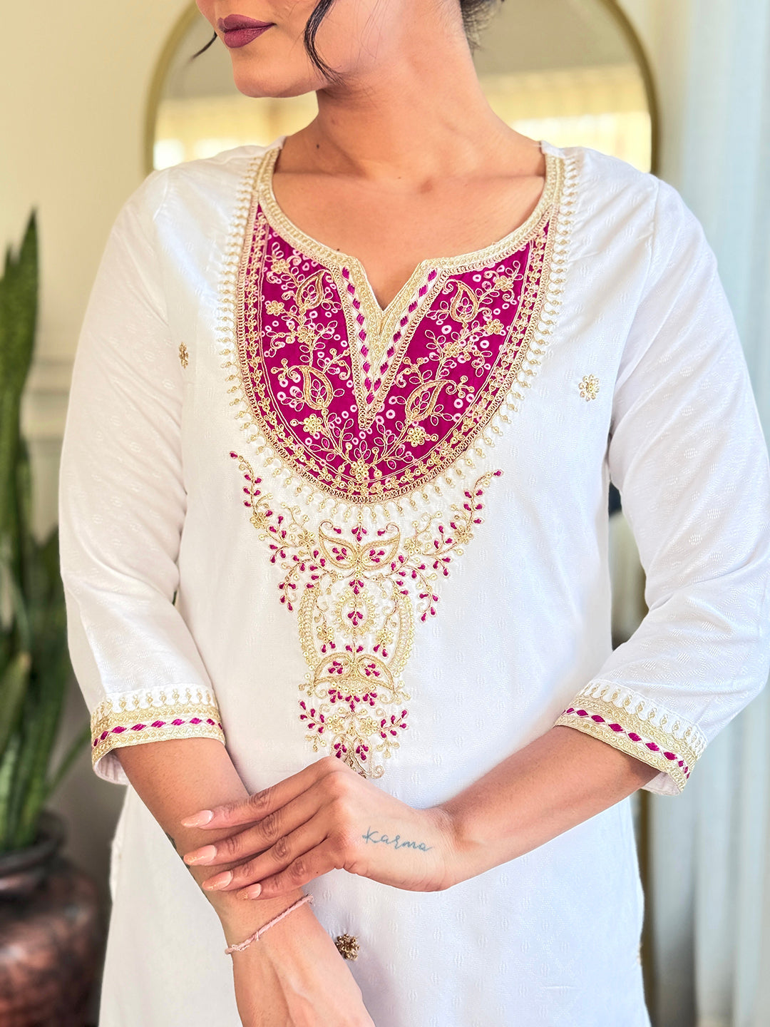 White Bsy Viscose Elegant Kurta Pant Set With Embroidery Work