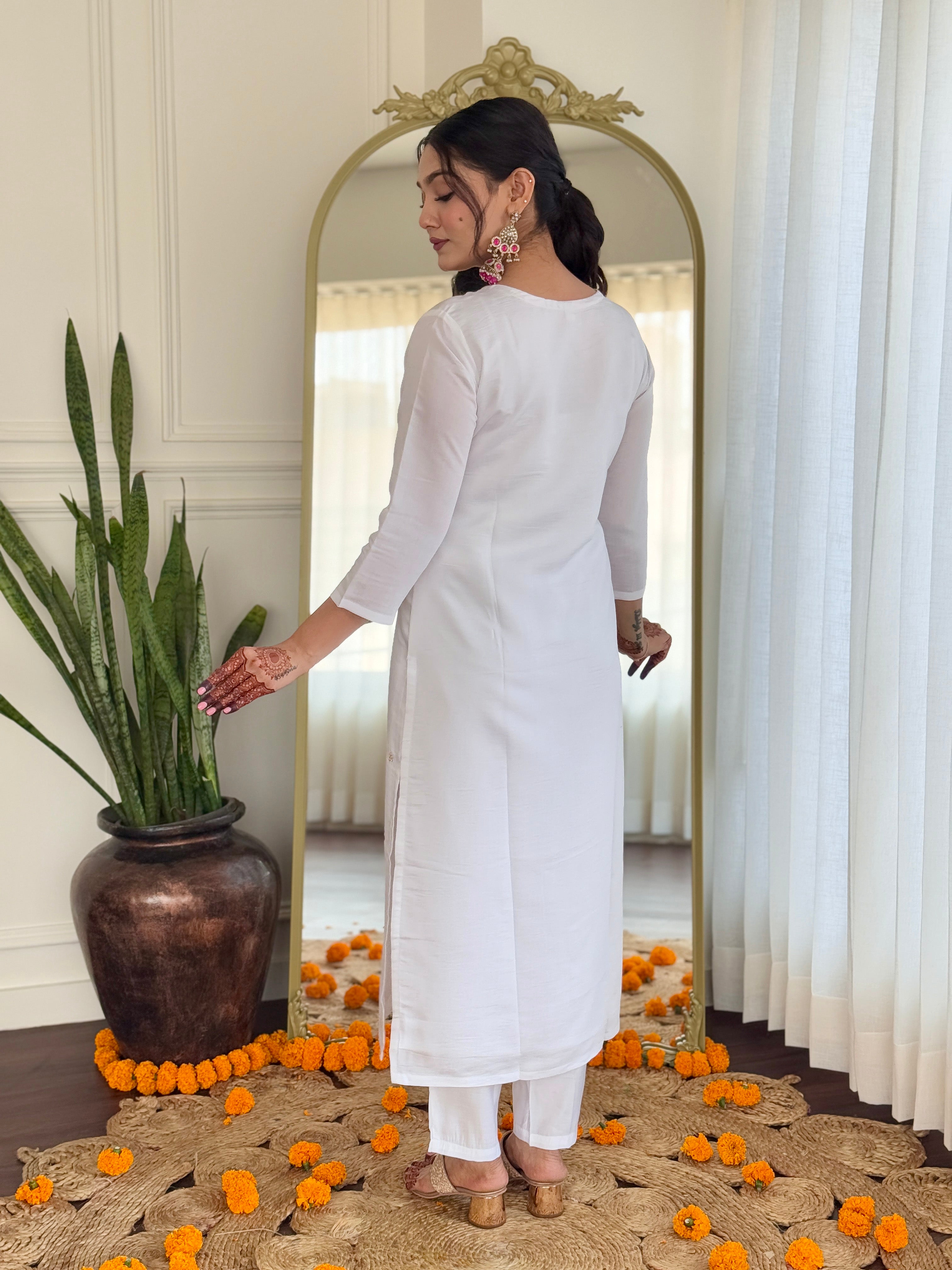 White Bsy Viscose Elegant Kurta Pant Set With Embroidery Work