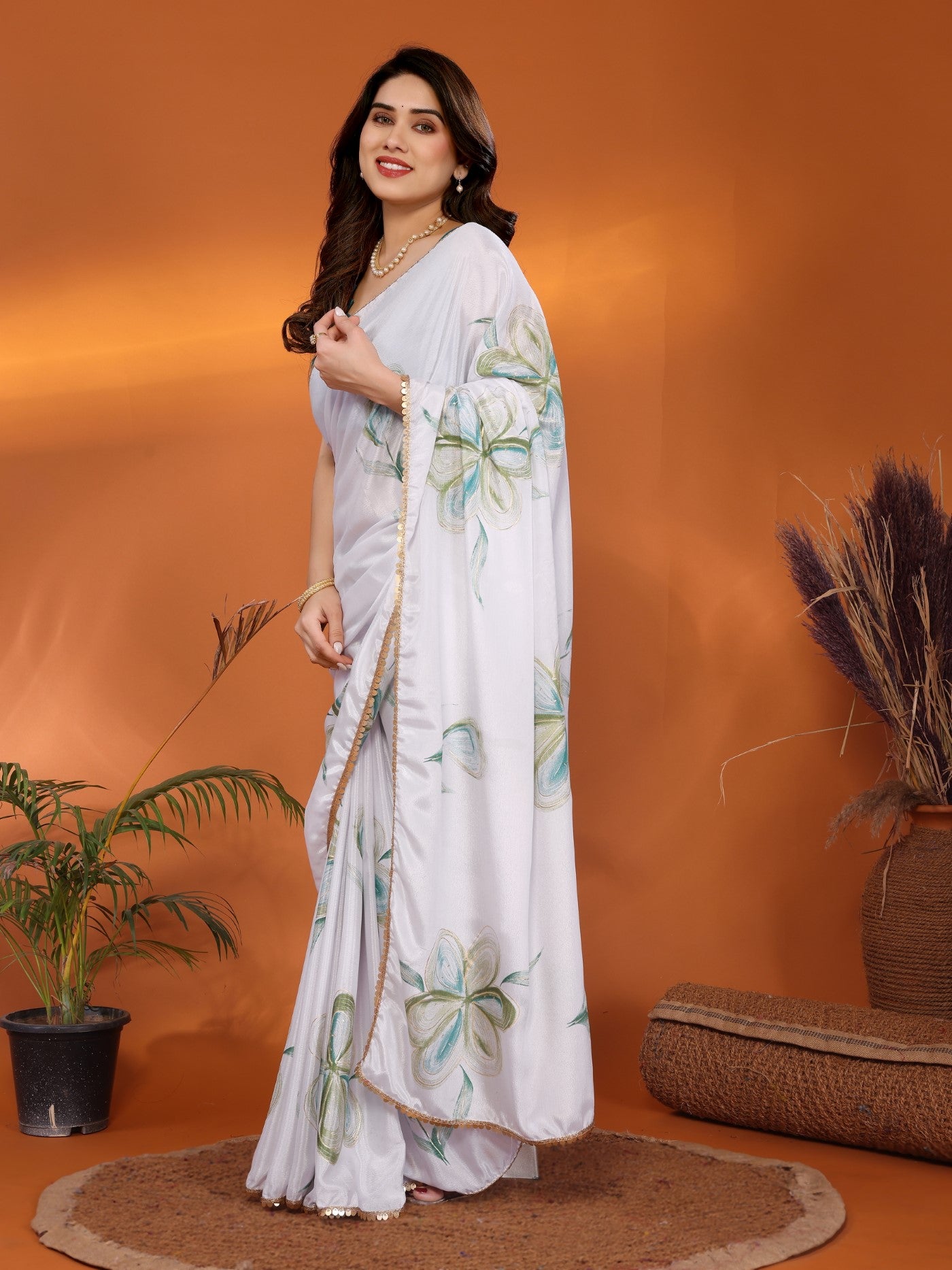 White Chinon Chiffon Saree With Printed Design And Foil Work
